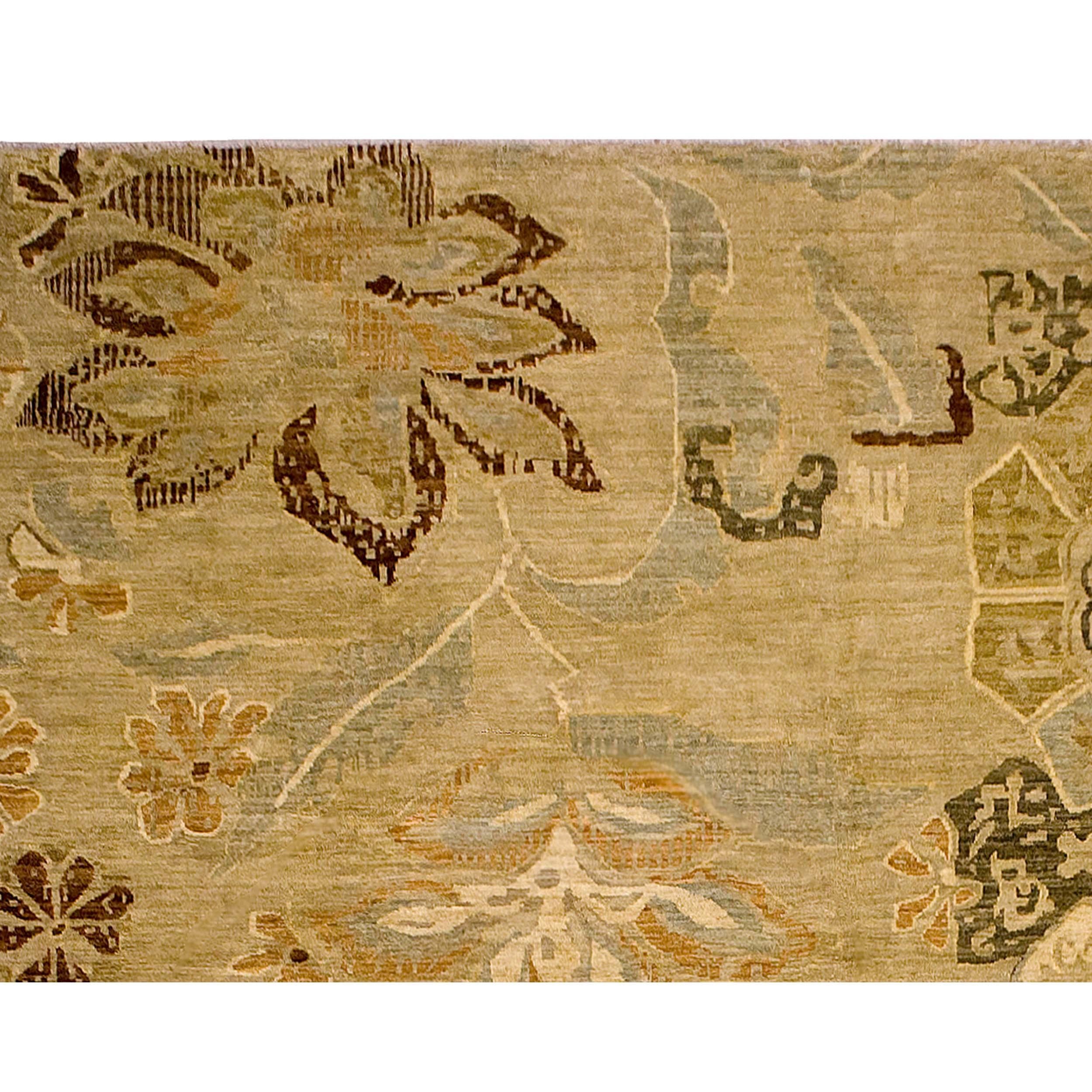 Pakistani Luxury Modern Hand-Knotted Floral Sand 12x18 Rug For Sale