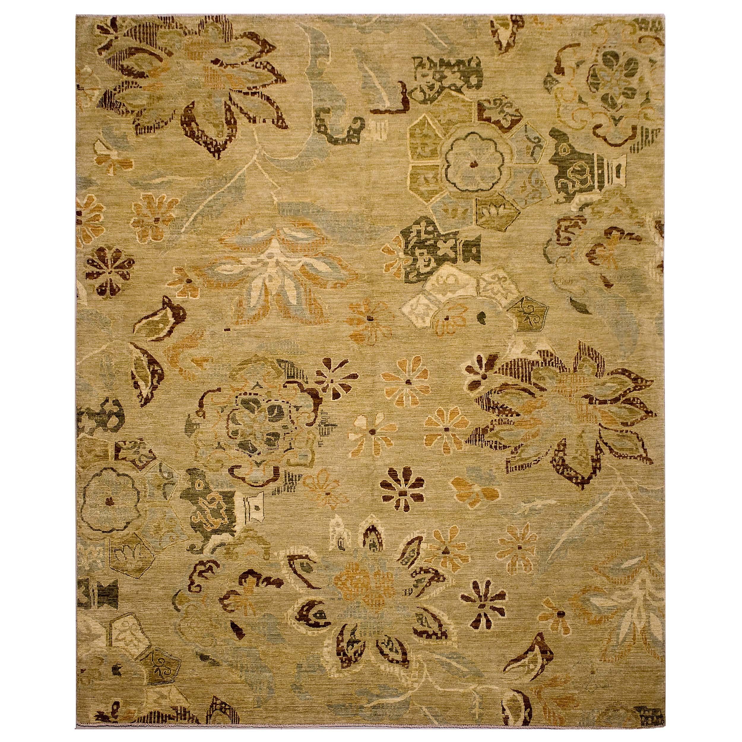 Luxury Modern Hand-Knotted Floral Sand 12x18 Rug For Sale