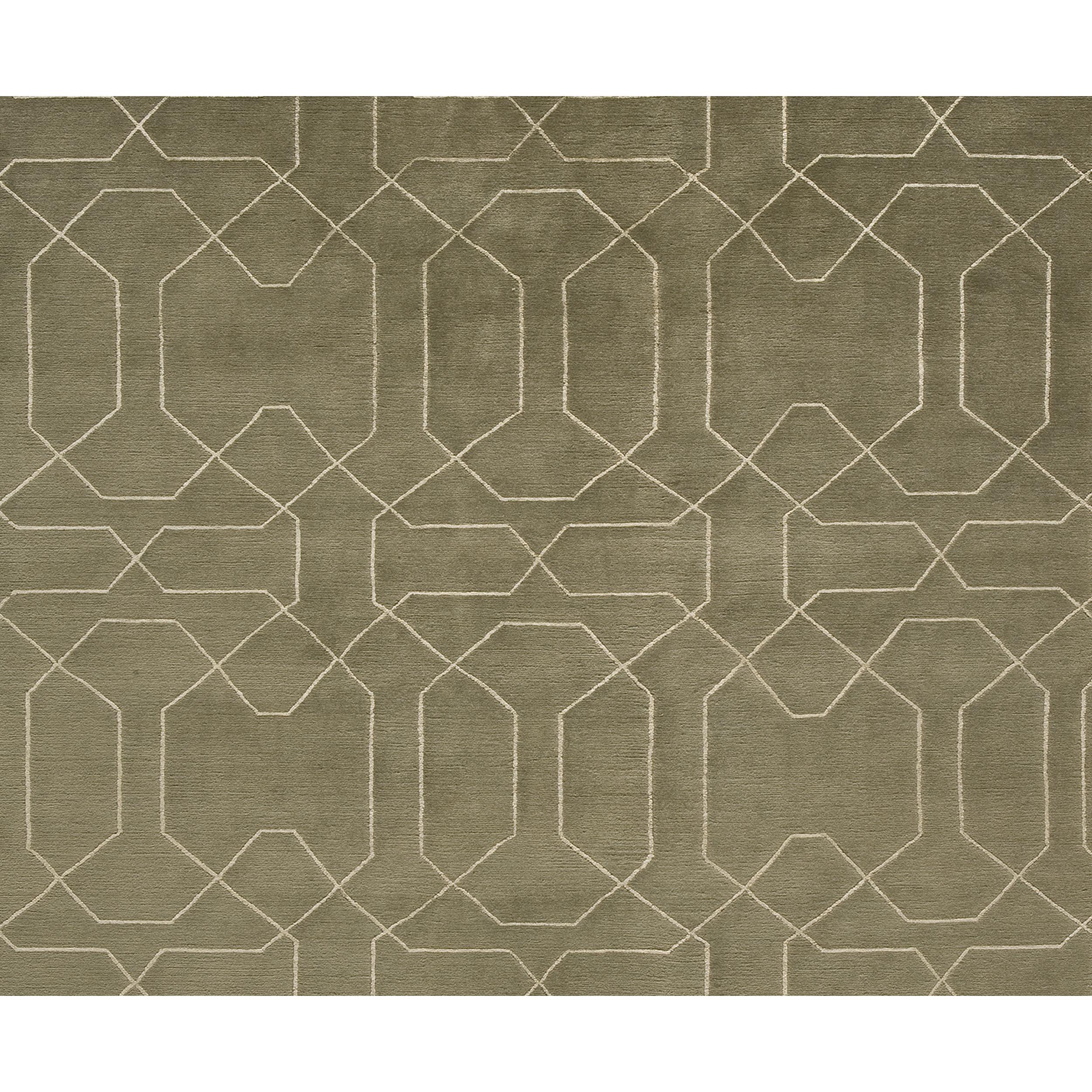Indian Luxury Modern Hand-Knotted Honeycomb Olive 12x15 Rug For Sale