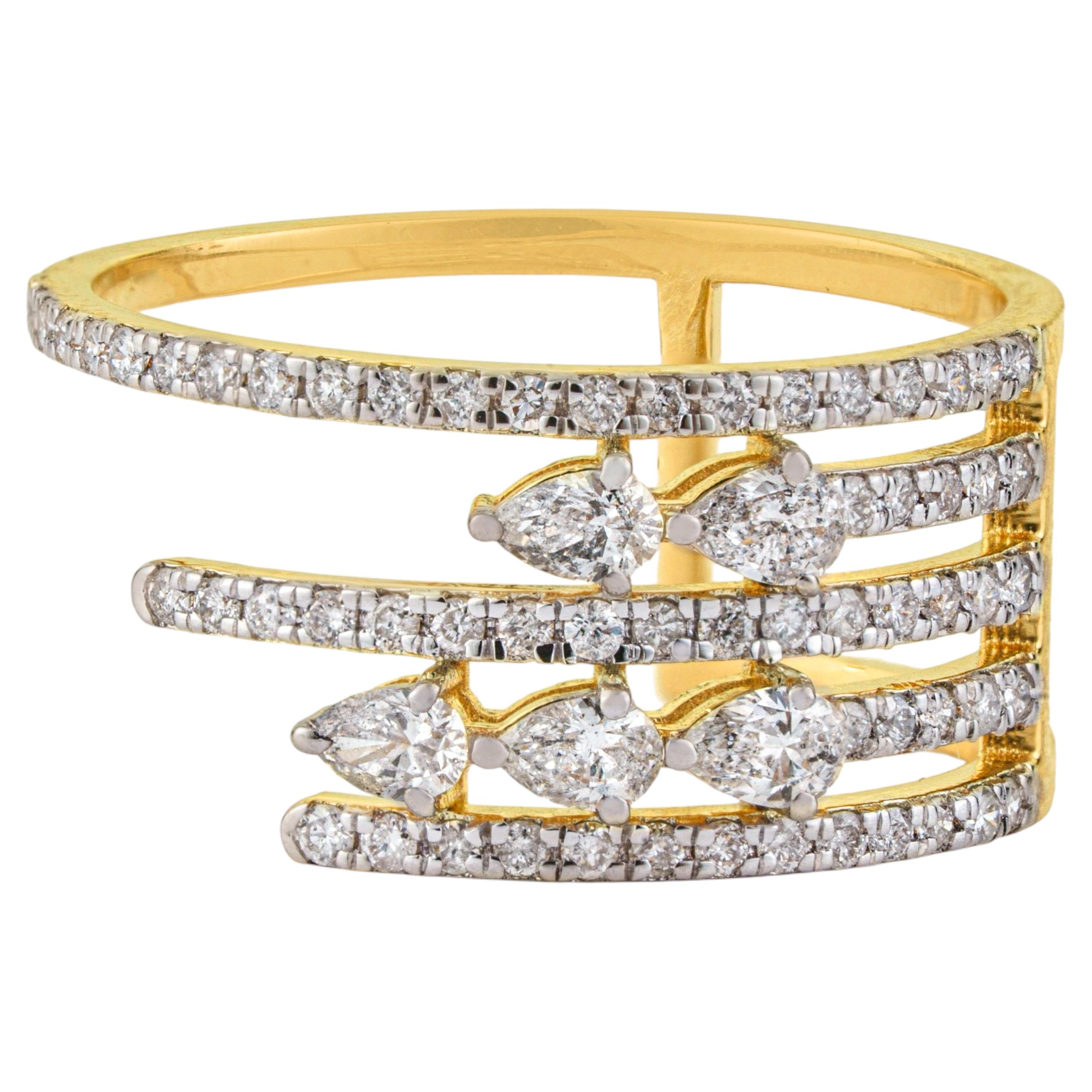 Luxury Multi-Row Pear Cut Diamond Open Cigar Cocktail Ring in 14K Yellow Gold
