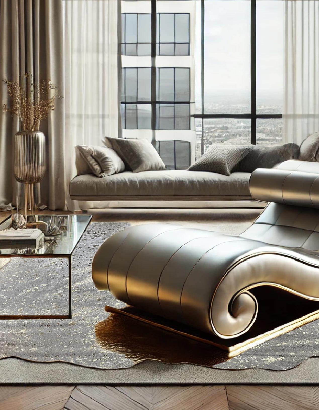 Hand-Painted Luxury Natural Free Form Leather Gold Metallic Rug For Sale