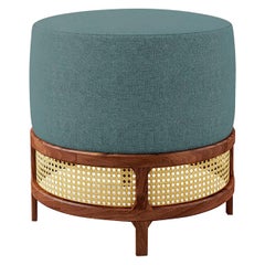 Luxury "New Orleans" Rattan and Walnut, Linen Upholstered Ottoman, Pouf or Stool