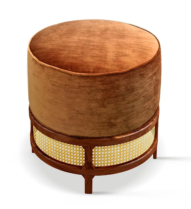 Luxury "New Orleans" Rattan and Camel Velvet Upholstered Ottoman, Pouf
