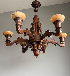 Lampadario / Ciondolo di lusso in Wood Oak con sei paralumi in alabastro