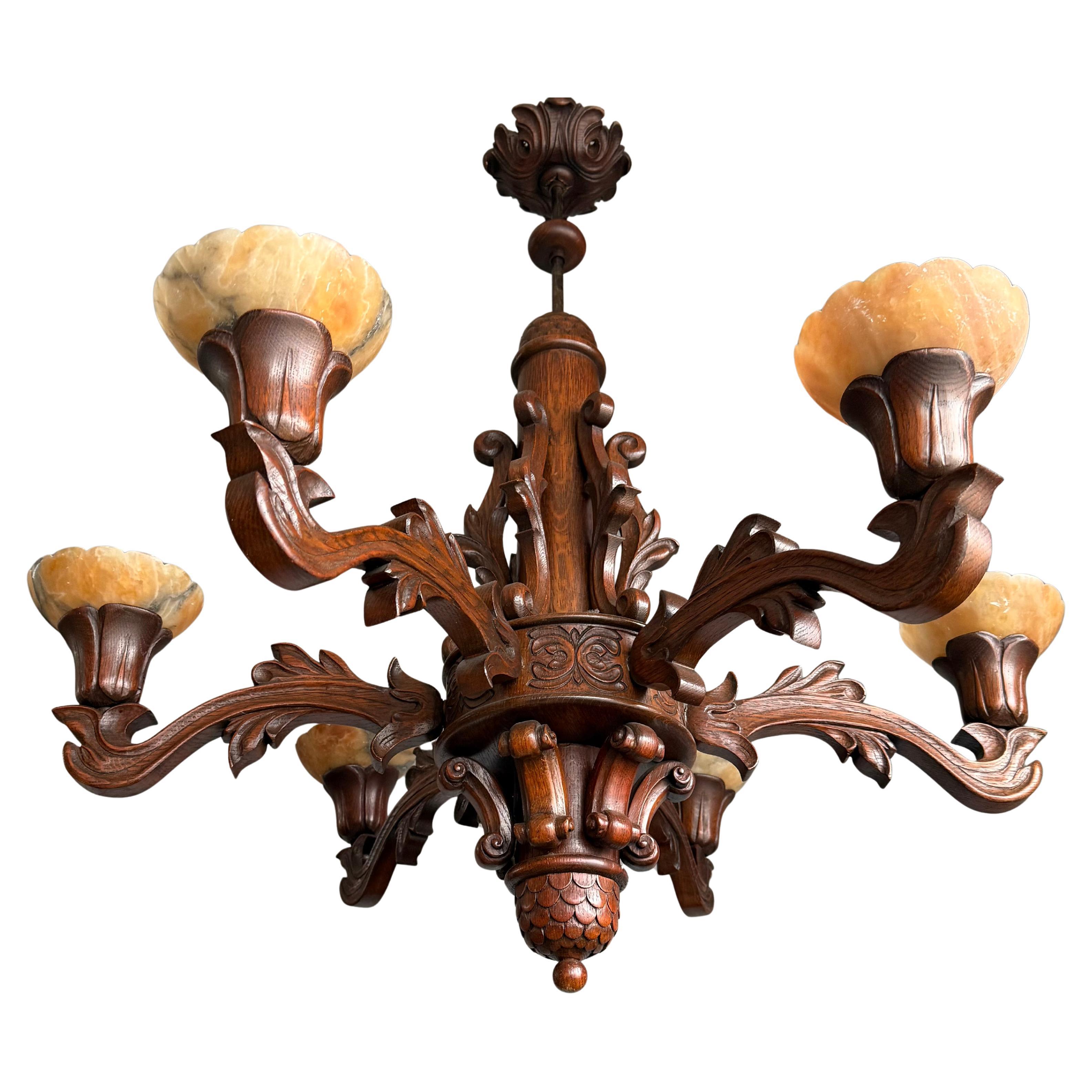 Luxury Oak Wood Arts & Crafts Chandelier / Pendant with Six Alabaster Shades