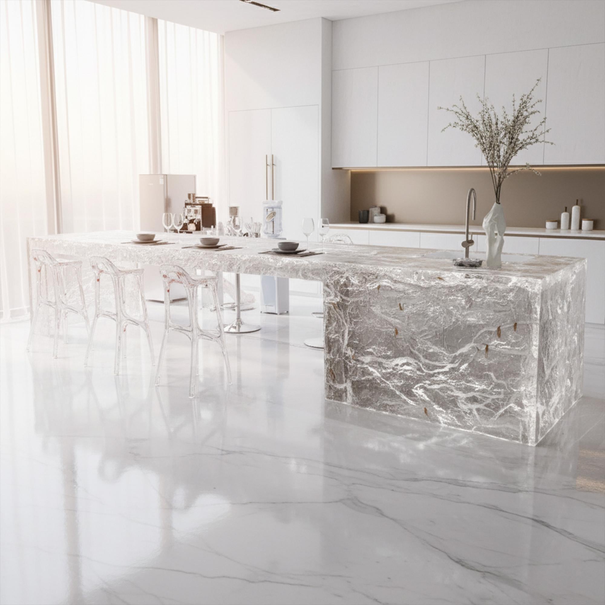 Erhöhen Sie Ihr Zuhause mit dieser luxuriösen, vom Meer inspirierten großen Kücheninsel, einem modernen Meisterwerk, das Kunstfertigkeit, Funktionalität und erstklassige Handwerkskunst vereint. Dieser Tisch ist sowohl als Kücheninsel als auch als