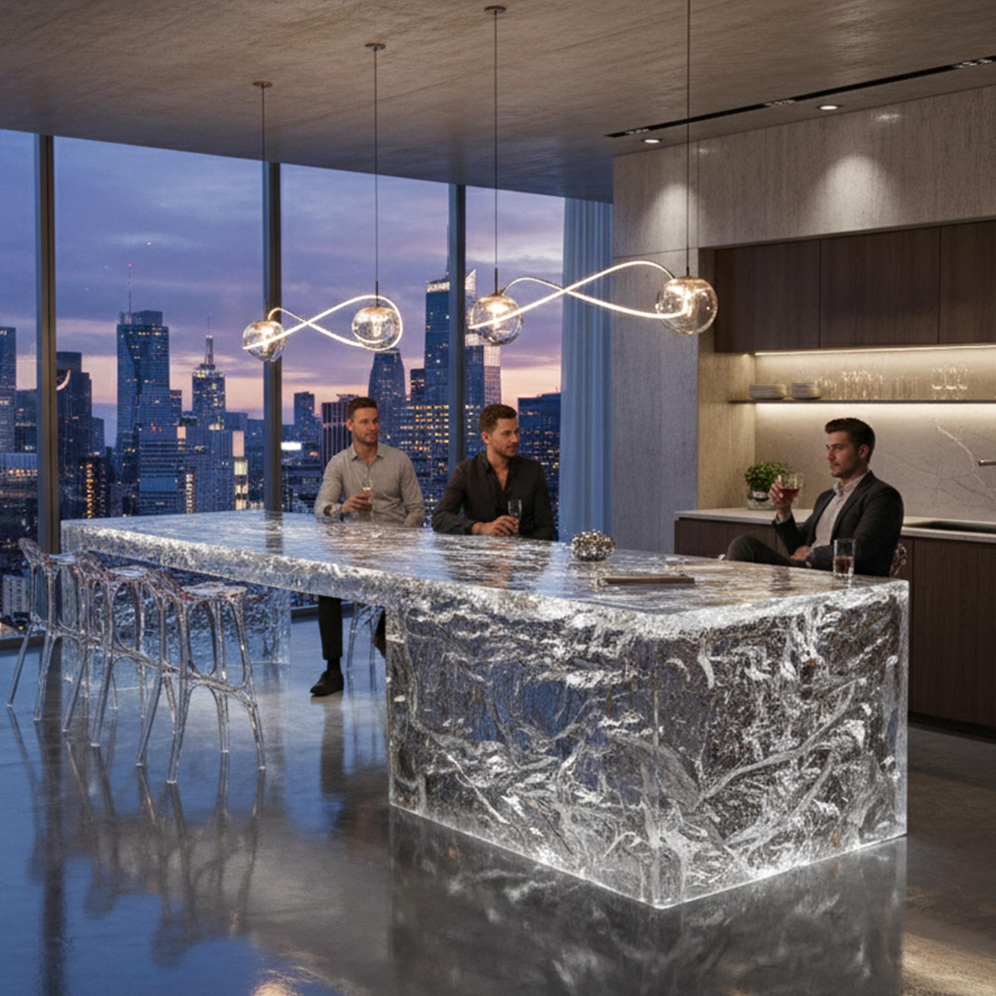 Luxuriöse, vom Meer inspirierte große Kücheninsel - Moderner Kücheninseltisch im Angebot 1