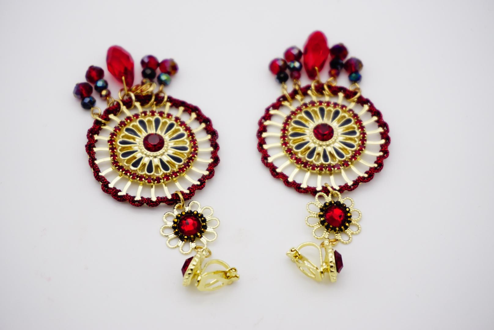 Luxury Openwork Red Fire Circle Cluster Black Tassel Crystal Drop Clip Earrings For Sale 5