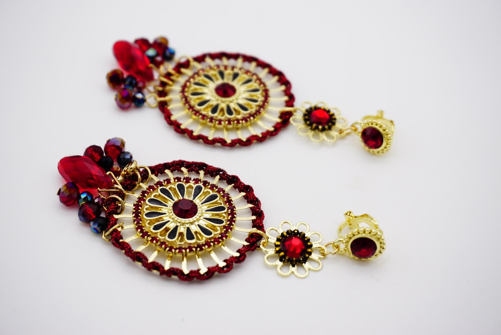 Luxury Openwork Red Fire Circle Cluster Black Tassel Crystal Drop Clip Earrings For Sale 6