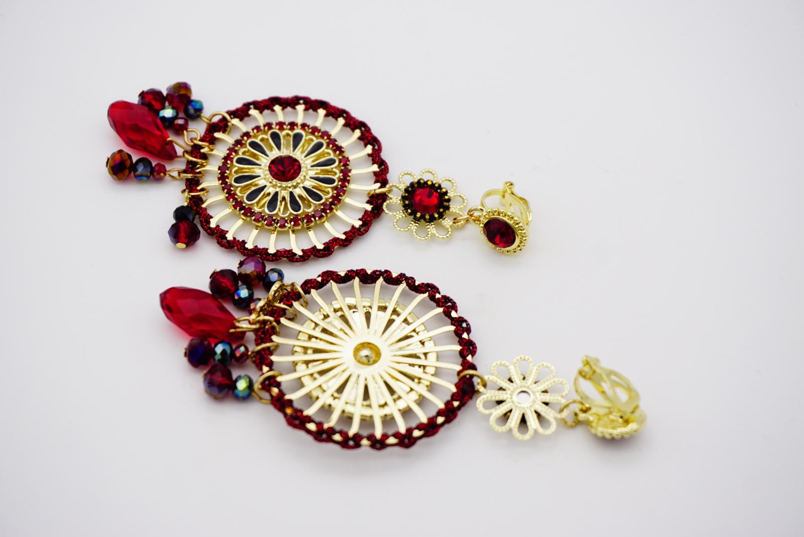 Luxury Openwork Red Fire Circle Cluster Black Tassel Crystal Drop Clip Earrings For Sale 7