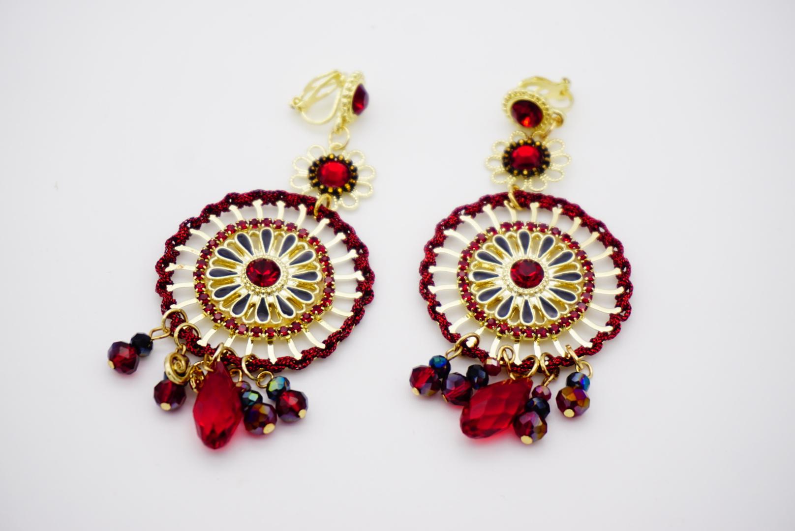 Luxury Openwork Red Fire Circle Cluster Black Tassel Crystal Drop Clip Earrings For Sale 8
