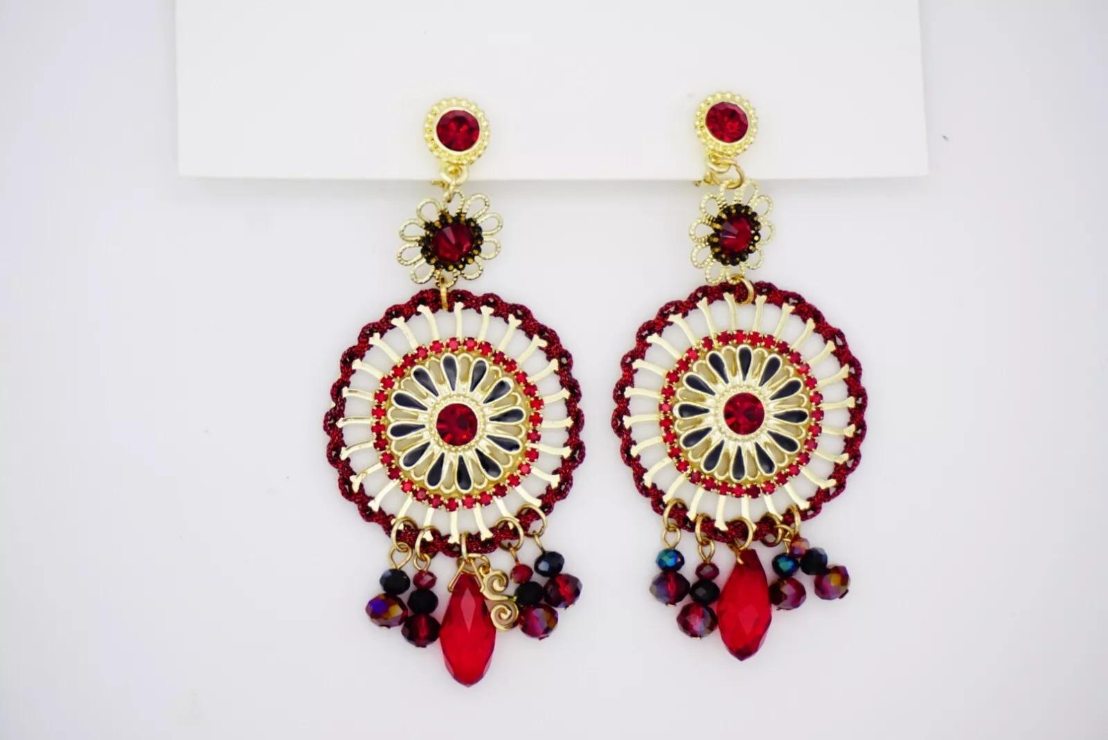 Luxury Openwork Red Fire Circle Cluster Black Tassel Crystal Drop Clip Earrings For Sale 9