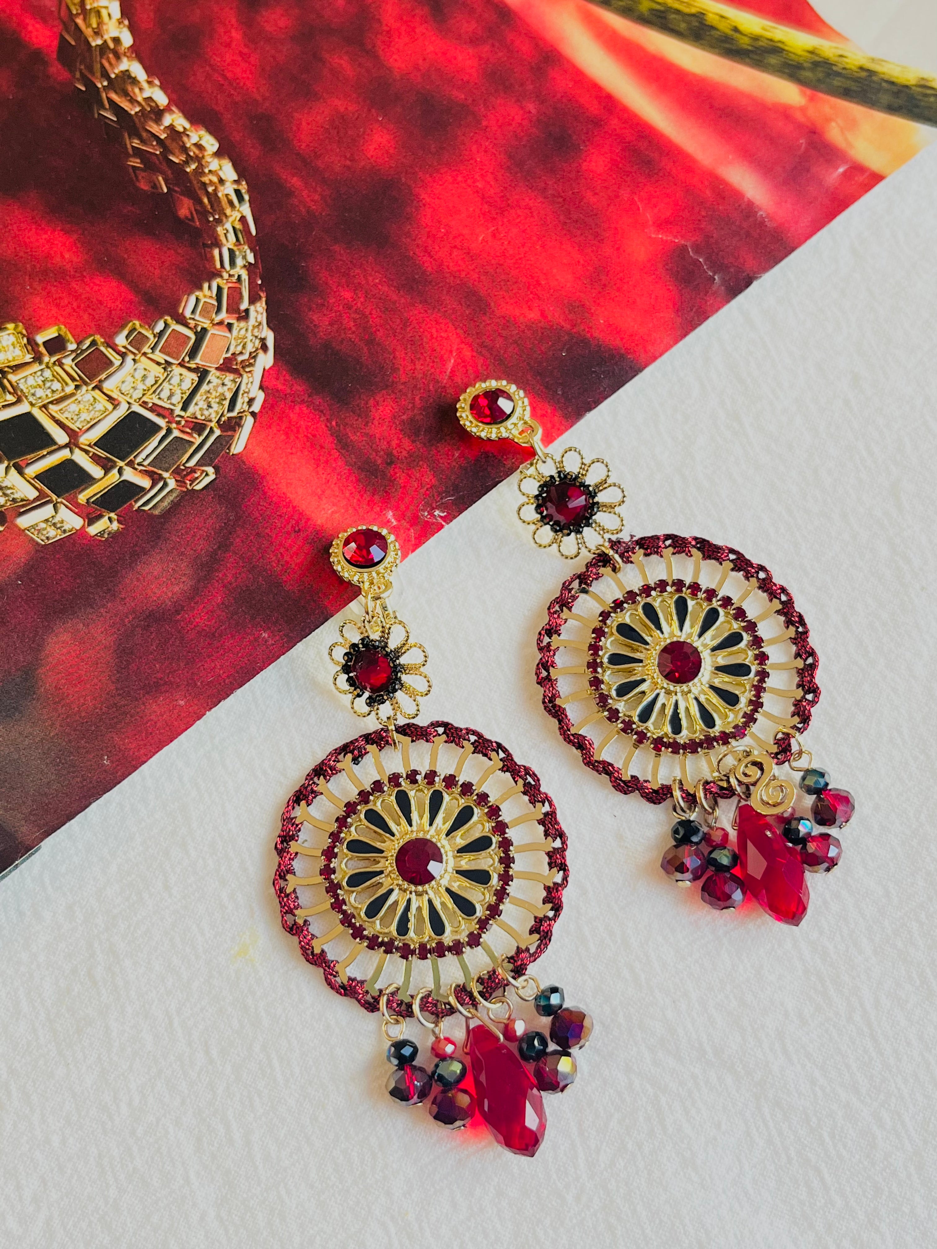Anglo-Indian Luxury Openwork Red Fire Circle Cluster Black Tassel Crystal Drop Clip Earrings For Sale
