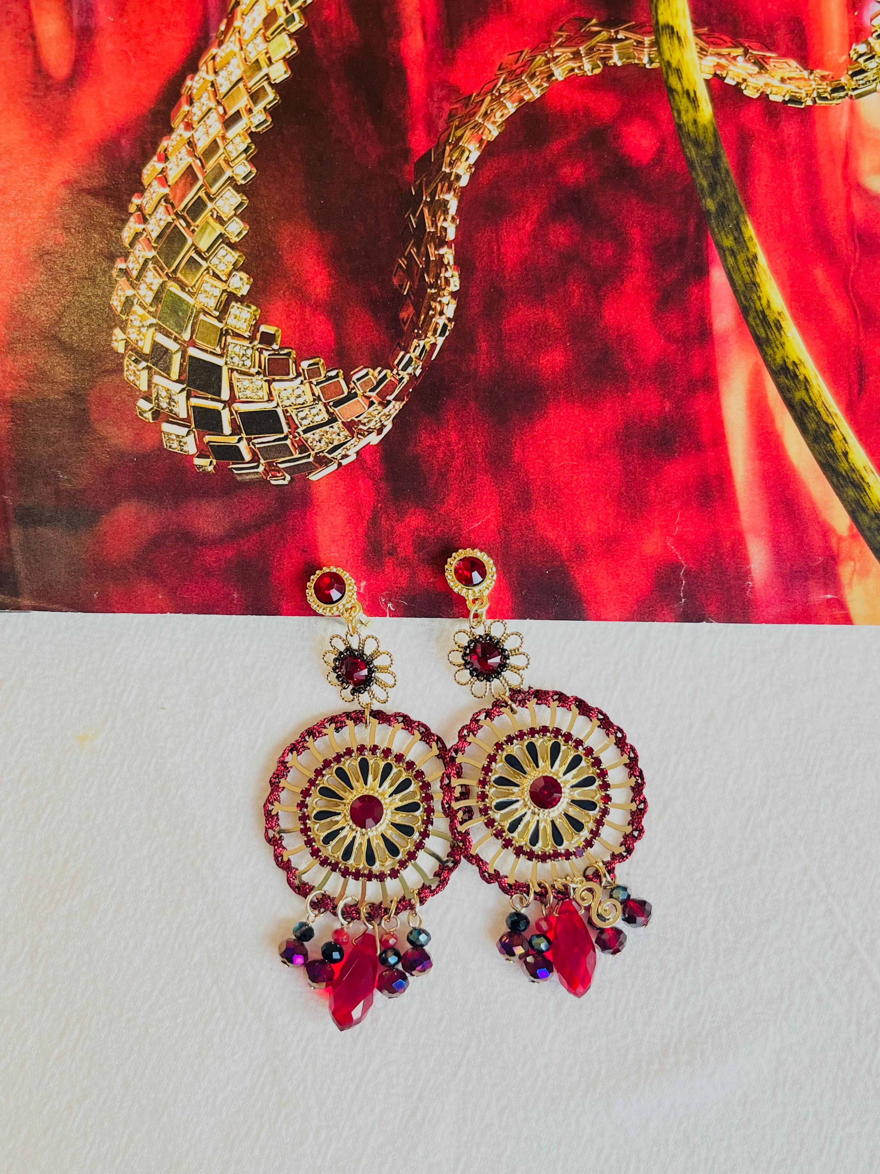 Luxury Openwork Red Fire Circle Cluster Black Tassel Crystal Drop Clip Earrings In New Condition For Sale In Wokingham, England