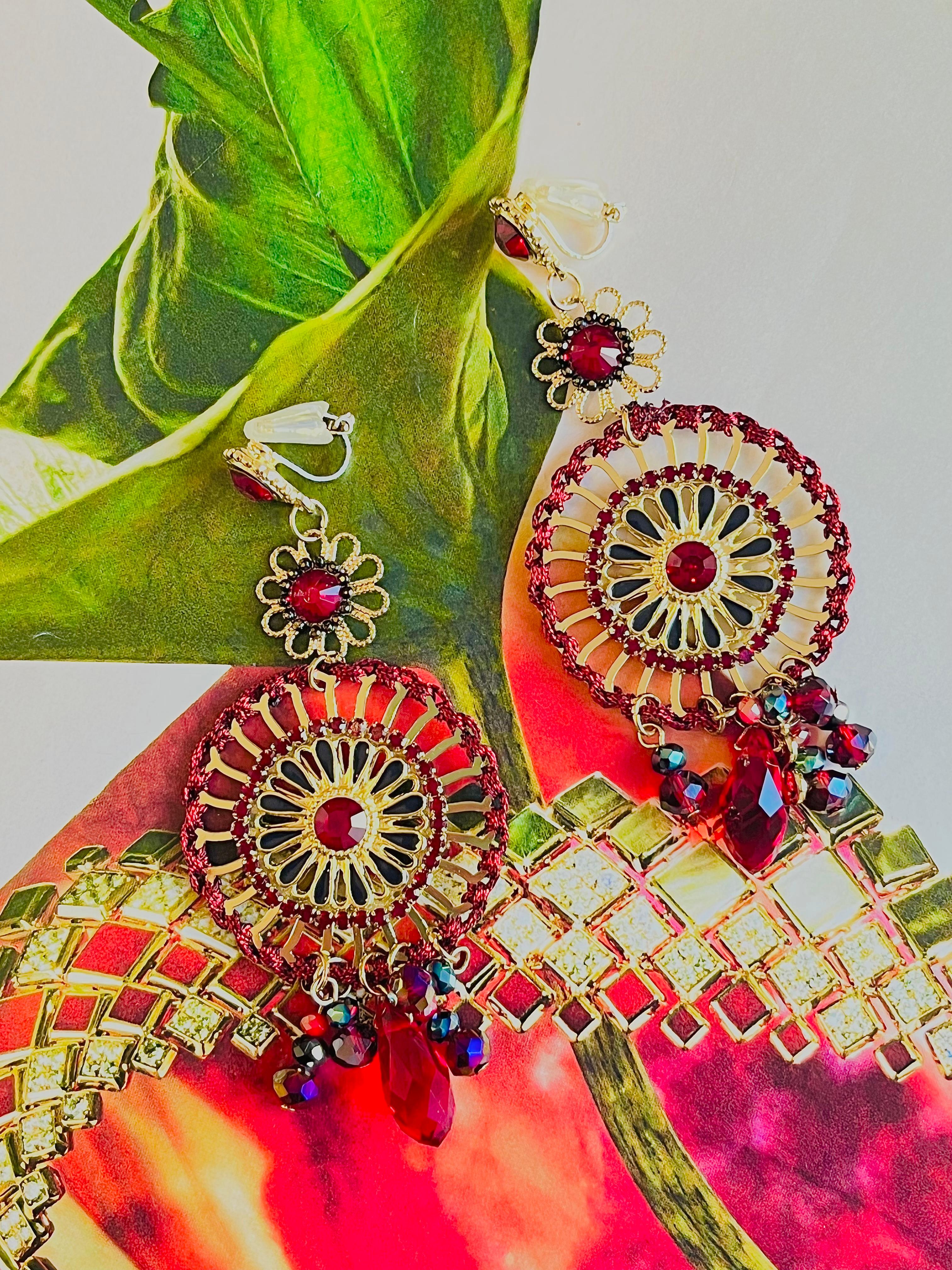 Luxury Openwork Red Fire Circle Cluster Black Tassel Crystal Drop Clip Earrings For Sale 1