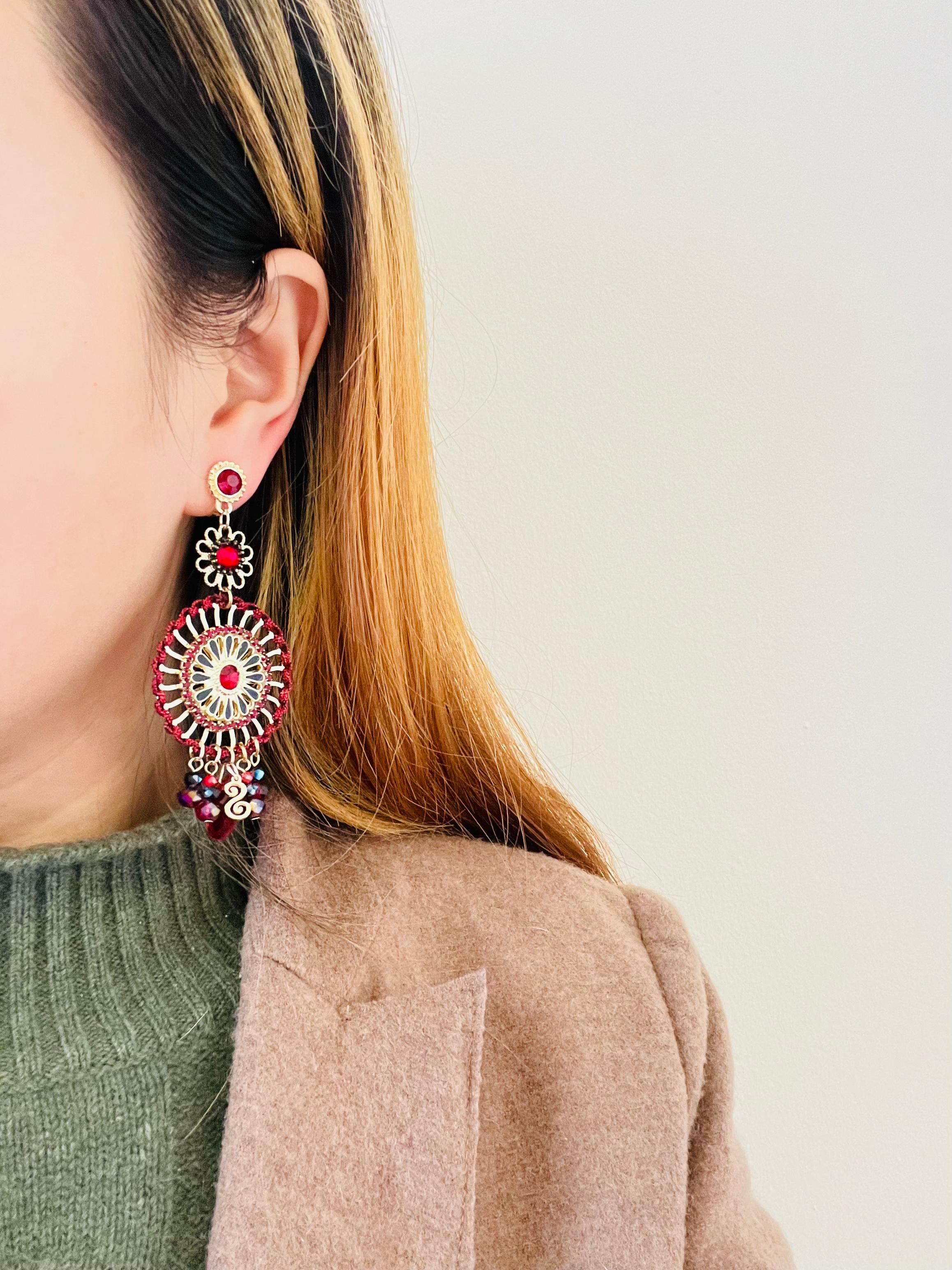 Luxury Openwork Red Fire Circle Cluster Black Tassel Crystal Drop Clip Earrings For Sale 2