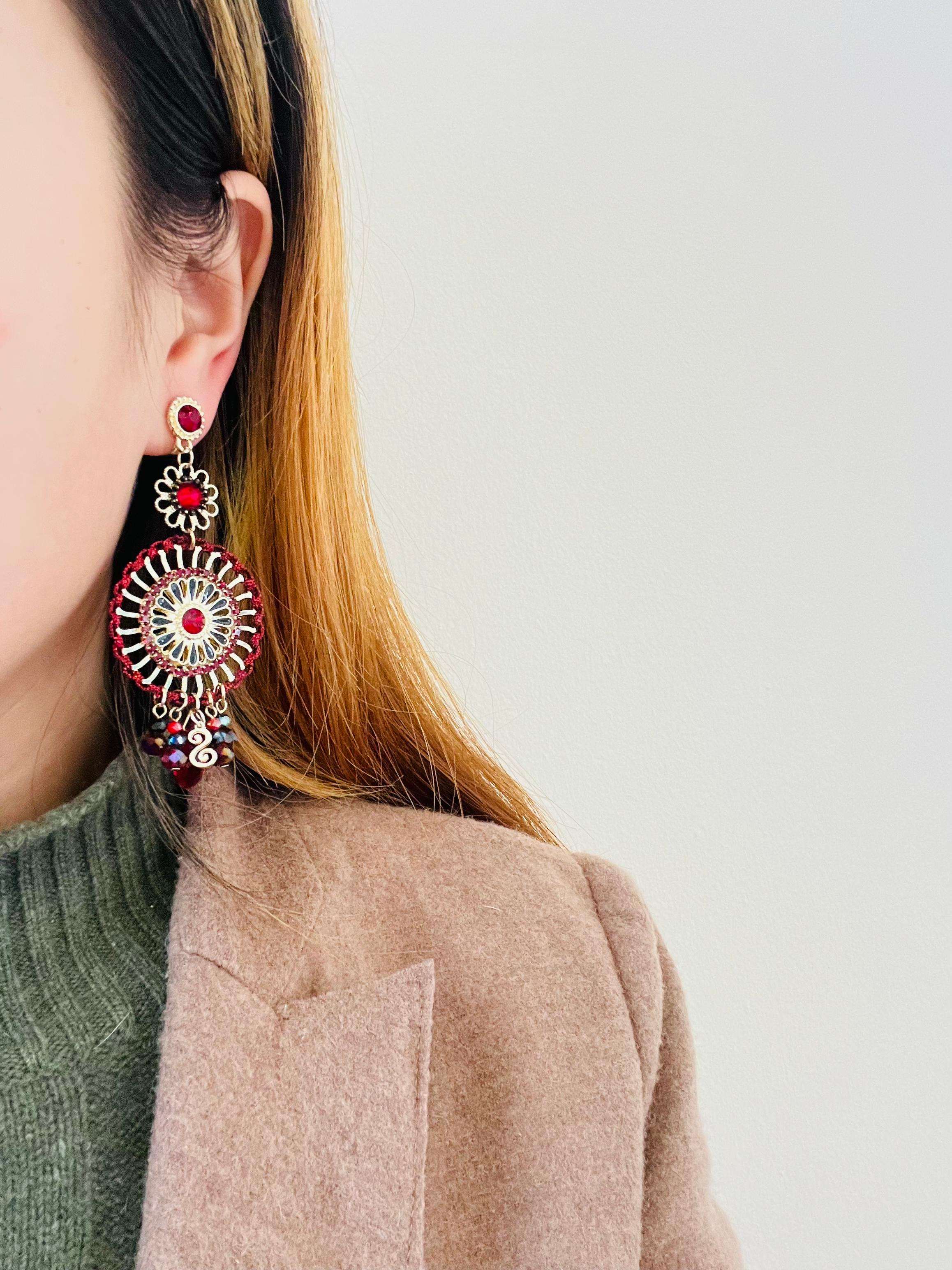 Luxury Openwork Red Fire Circle Cluster Black Tassel Crystal Drop Clip Earrings For Sale 3