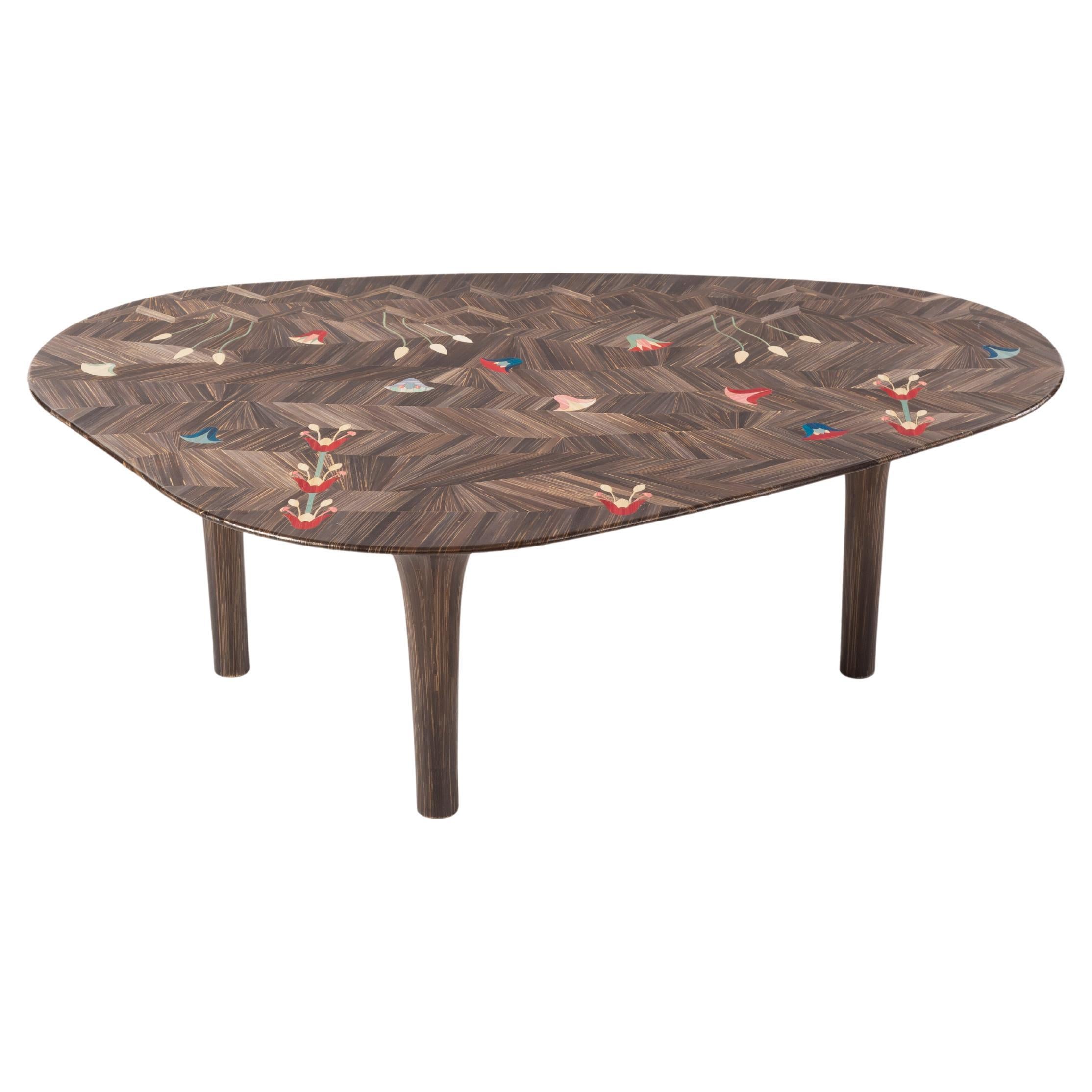 Luxury Organic-Shaped Coffee Table with Hand-Laid Bronze Straw & Lotus Flowers For Sale