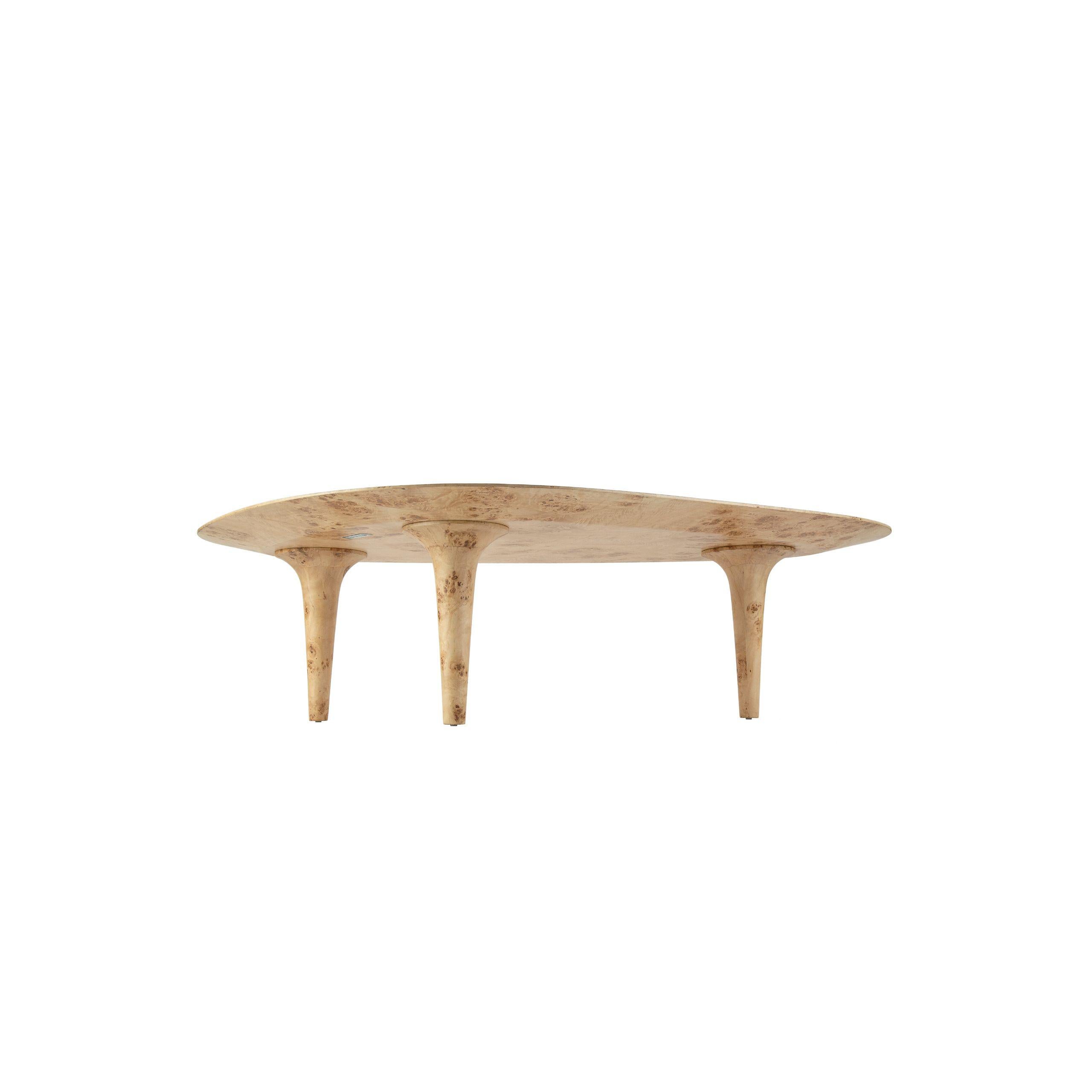 Un centre de table sculptural réimaginé avec une fluidité organique et une élégance contemporaine. Enveloppée dans un placage d'écorce de pomme saisissant, sa forme s'écoule avec une grâce naturelle, faisant écho aux paysages façonnés par le temps.
