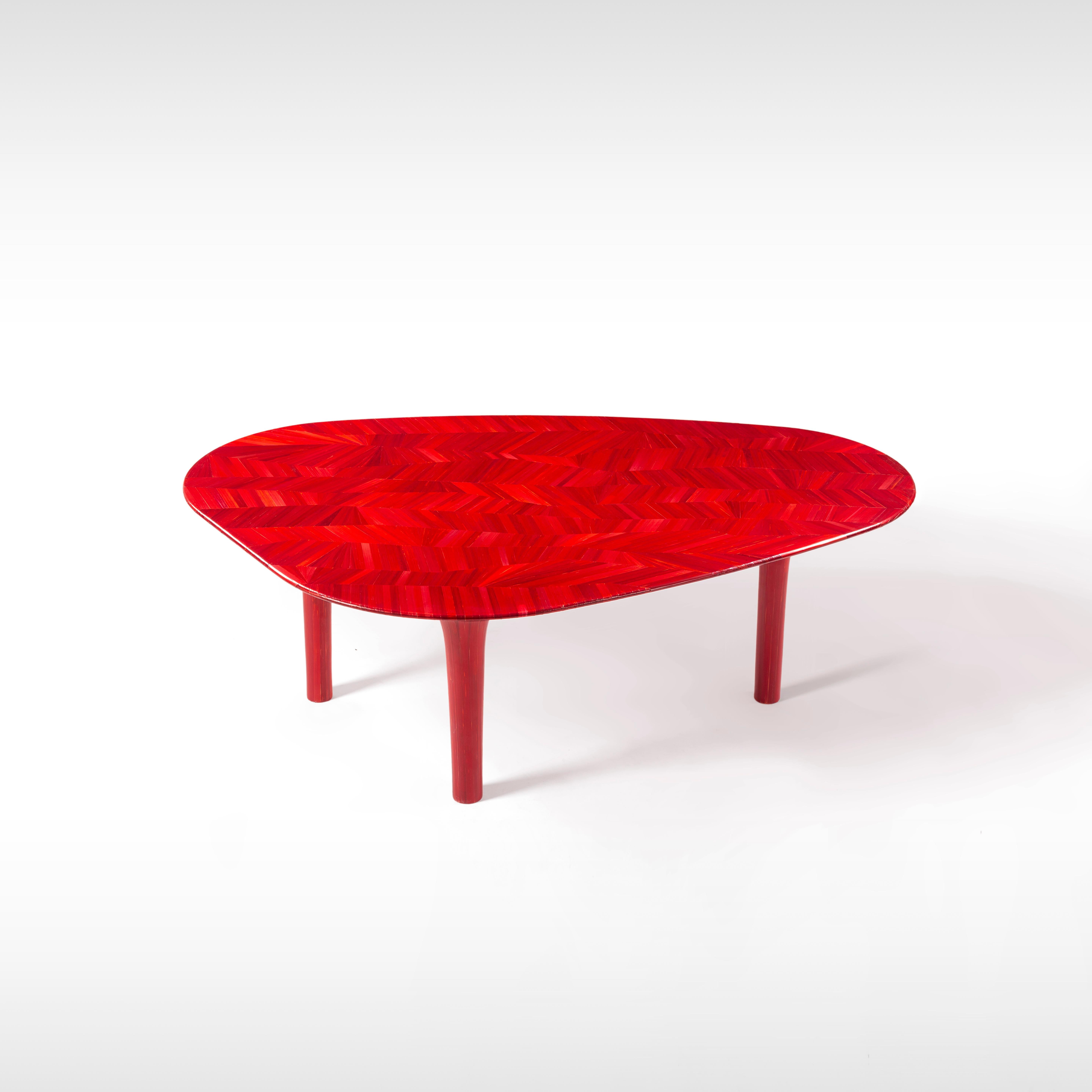 Modern Luxury Organic-Shaped Coffee Table with Hand-Laid Crimson Straw For Sale