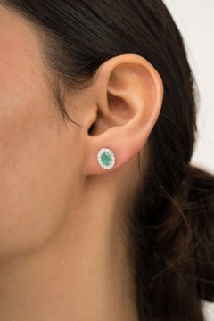 Luxury Oval Emerald & Diamond Halo Stud Earrings in 14K White Gold Fine Jewelry