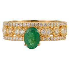 Luxury Oval Emerald & Diamond Vintage-Inspired Statement Ring in 18K Yellow Gold