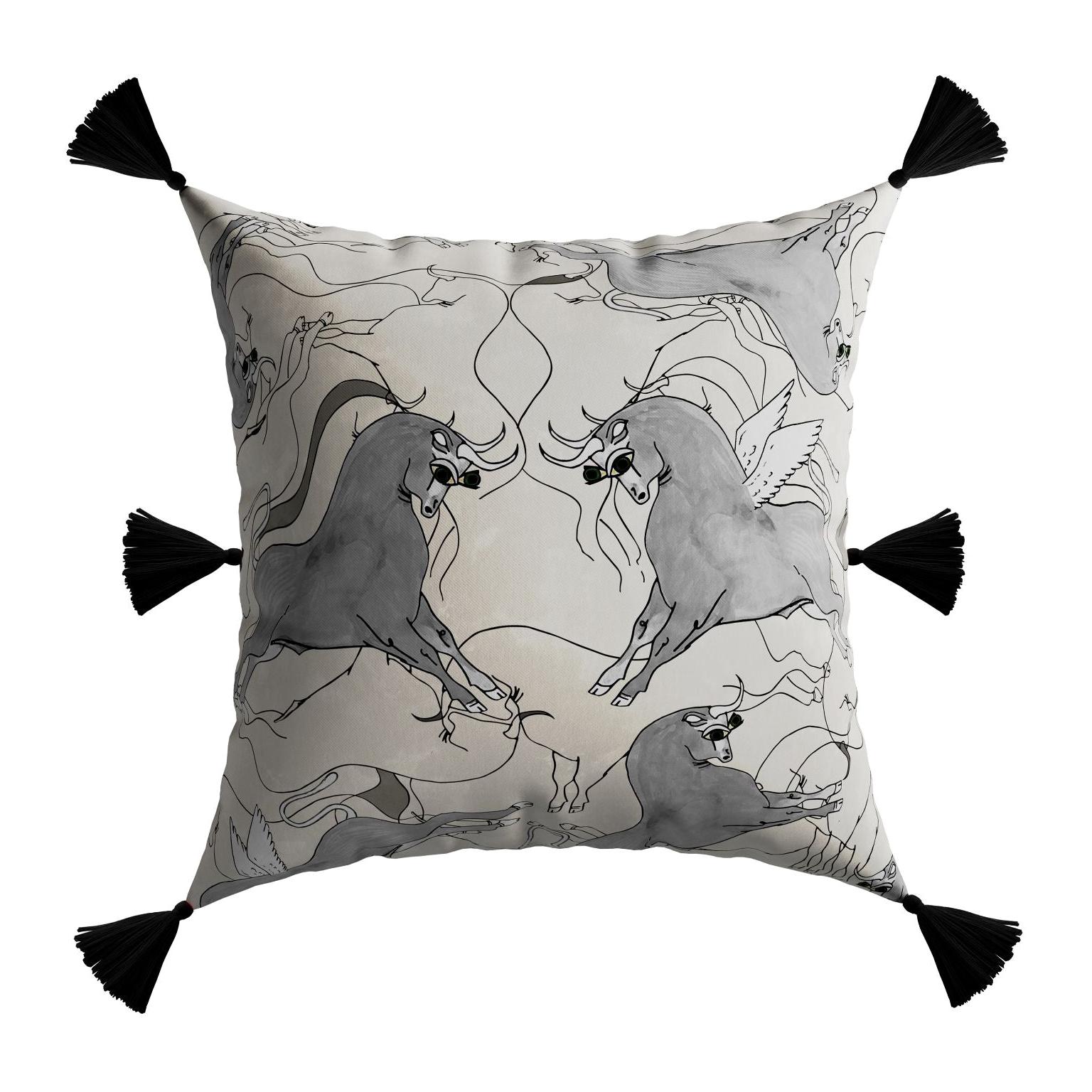 Luxury Ox Grey Cushion, Chinese Pattern Velvet Pillow Black Fringes Tassels