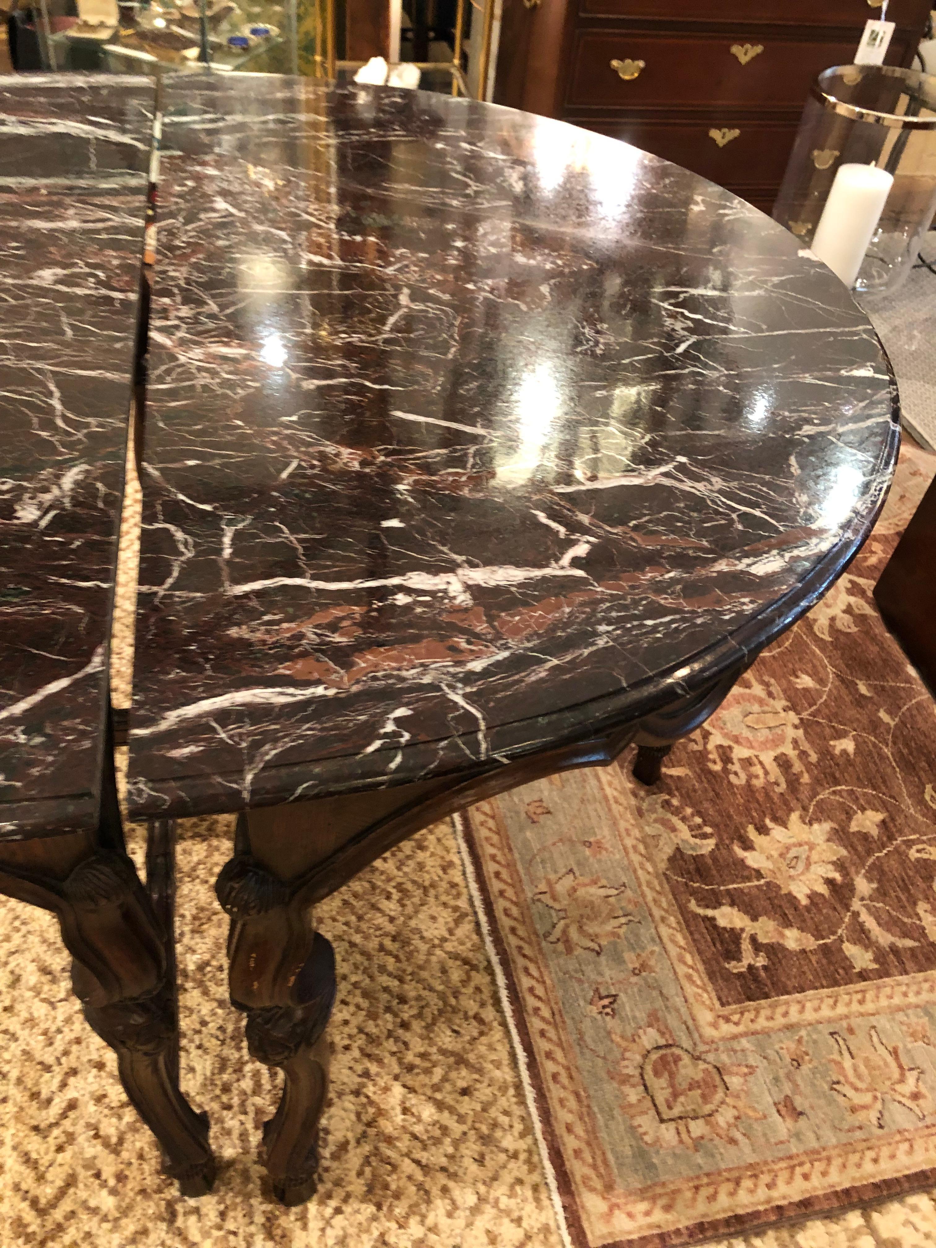 Luxury Pair of 19th Century Carved Oak and Marble Topped Demilune Tables For Sale 10