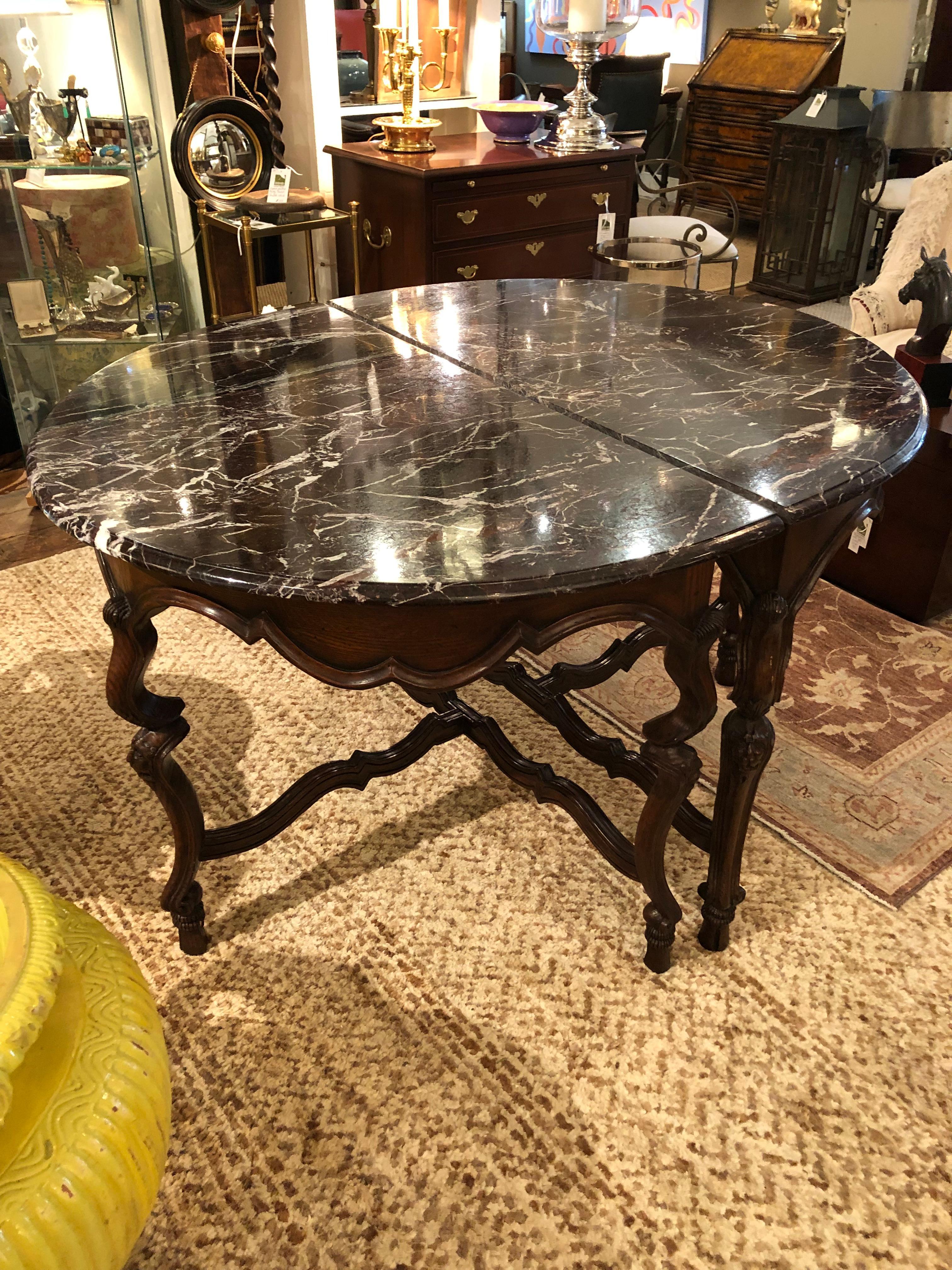 Luxury Pair of 19th Century Carved Oak and Marble Topped Demilune Tables For Sale 11