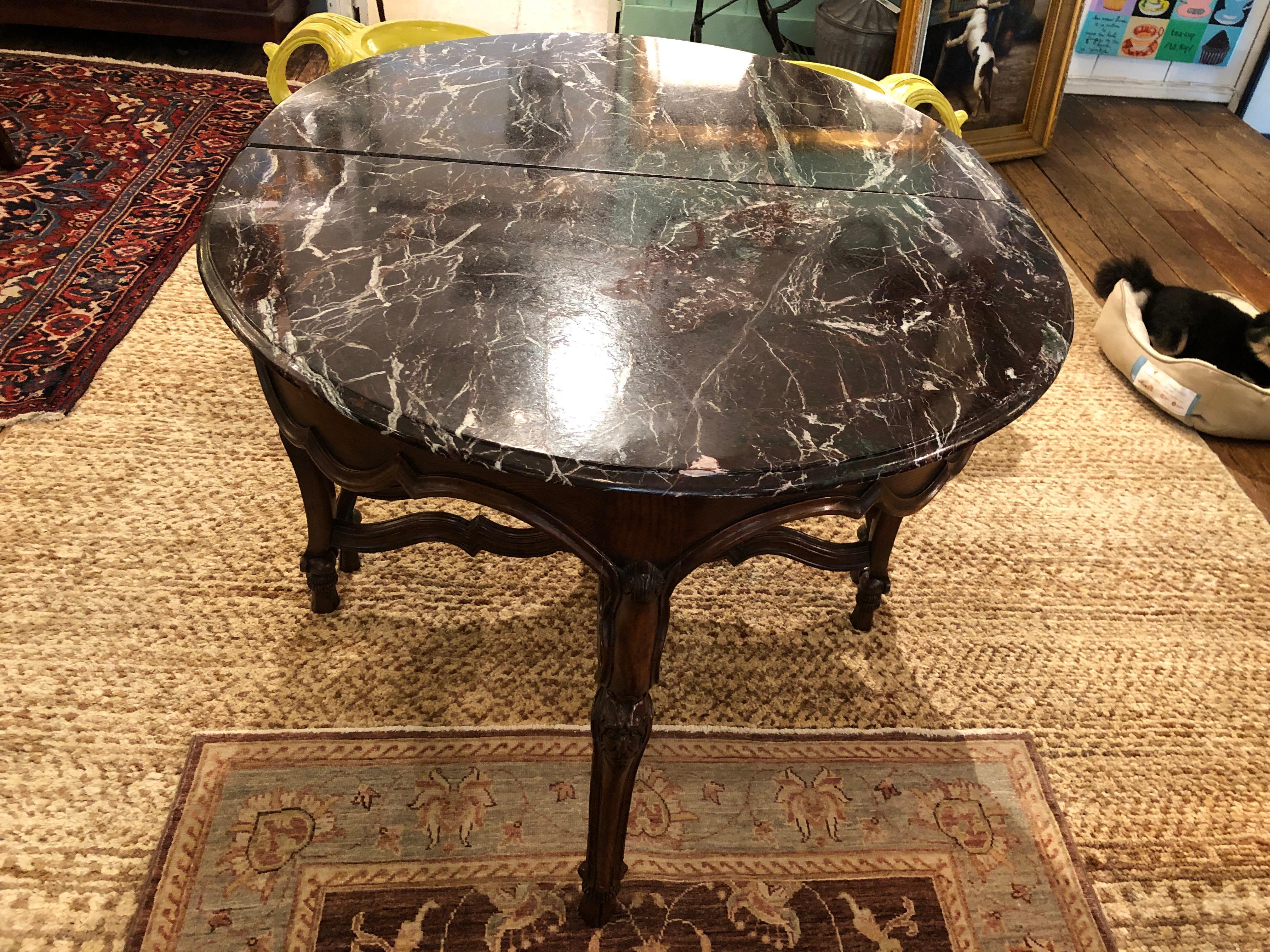 Luxury Pair of 19th Century Carved Oak and Marble Topped Demilune Tables For Sale 13