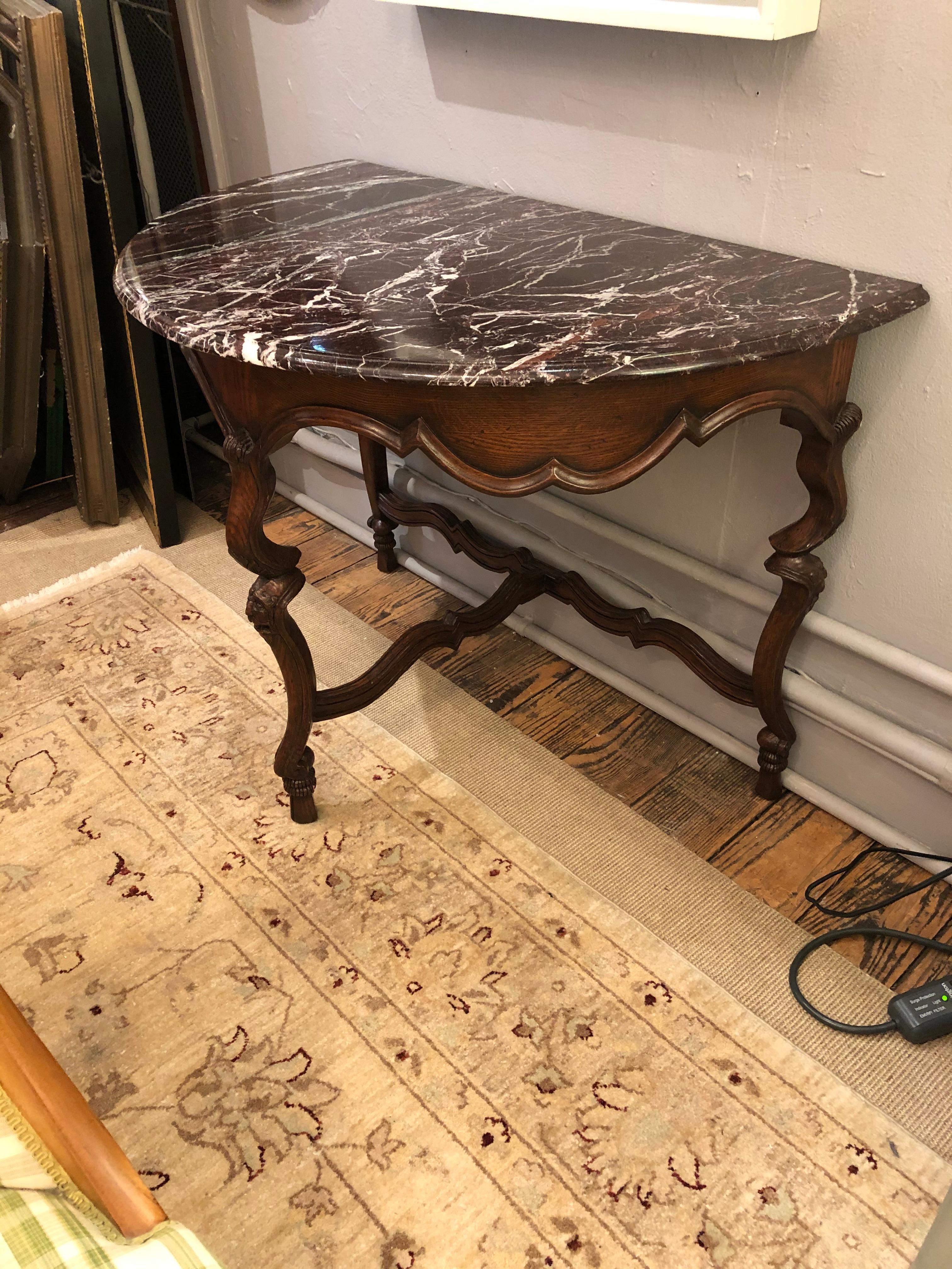 Luxury Pair of 19th Century Carved Oak and Marble Topped Demilune Tables In Good Condition For Sale In Hopewell, NJ