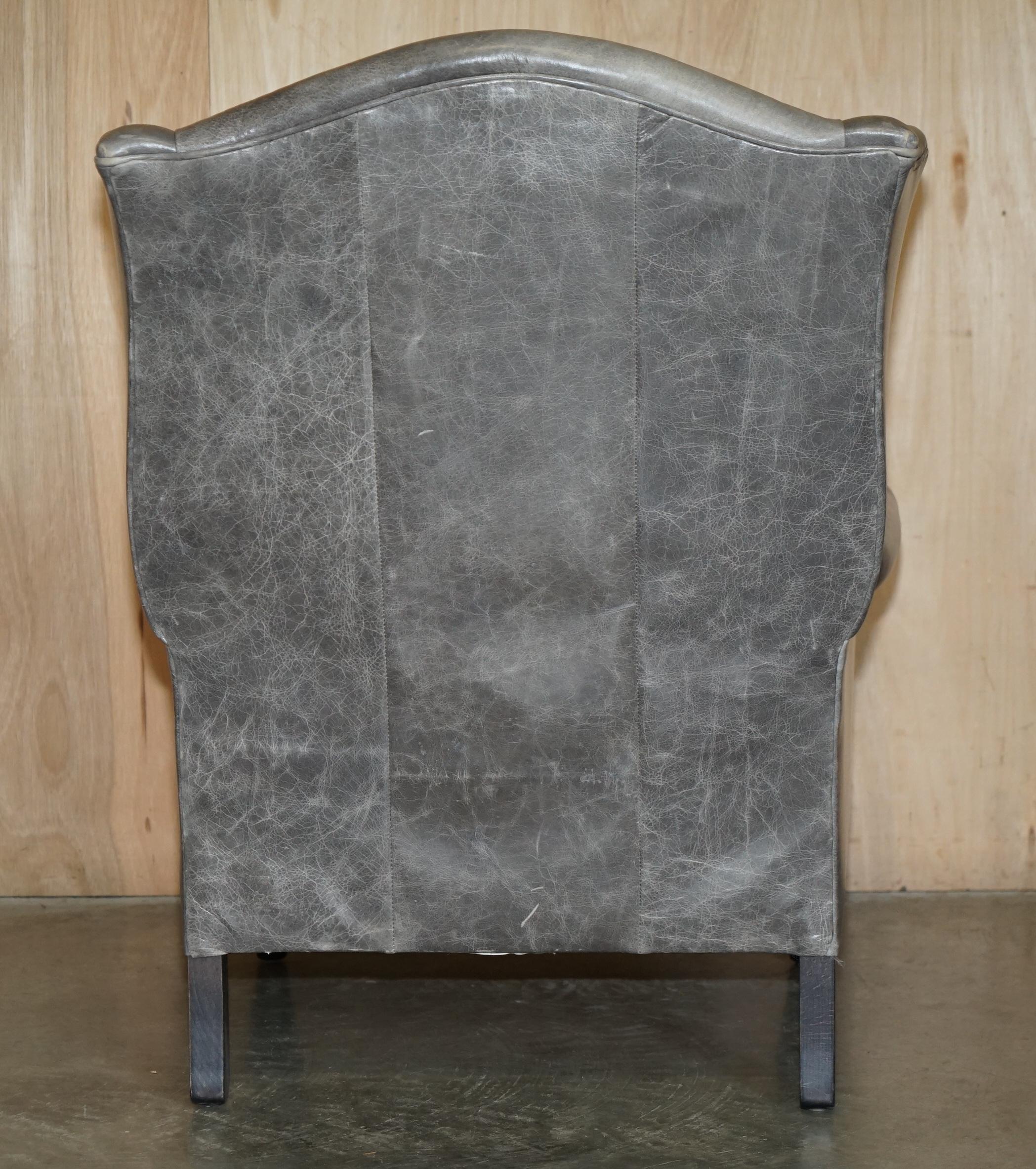 LUXURY PAIR OF CONTEMPORARY GREY BLUE LEATHER WINGBACK ARMCHAIRS EBONISED LEGs For Sale 5
