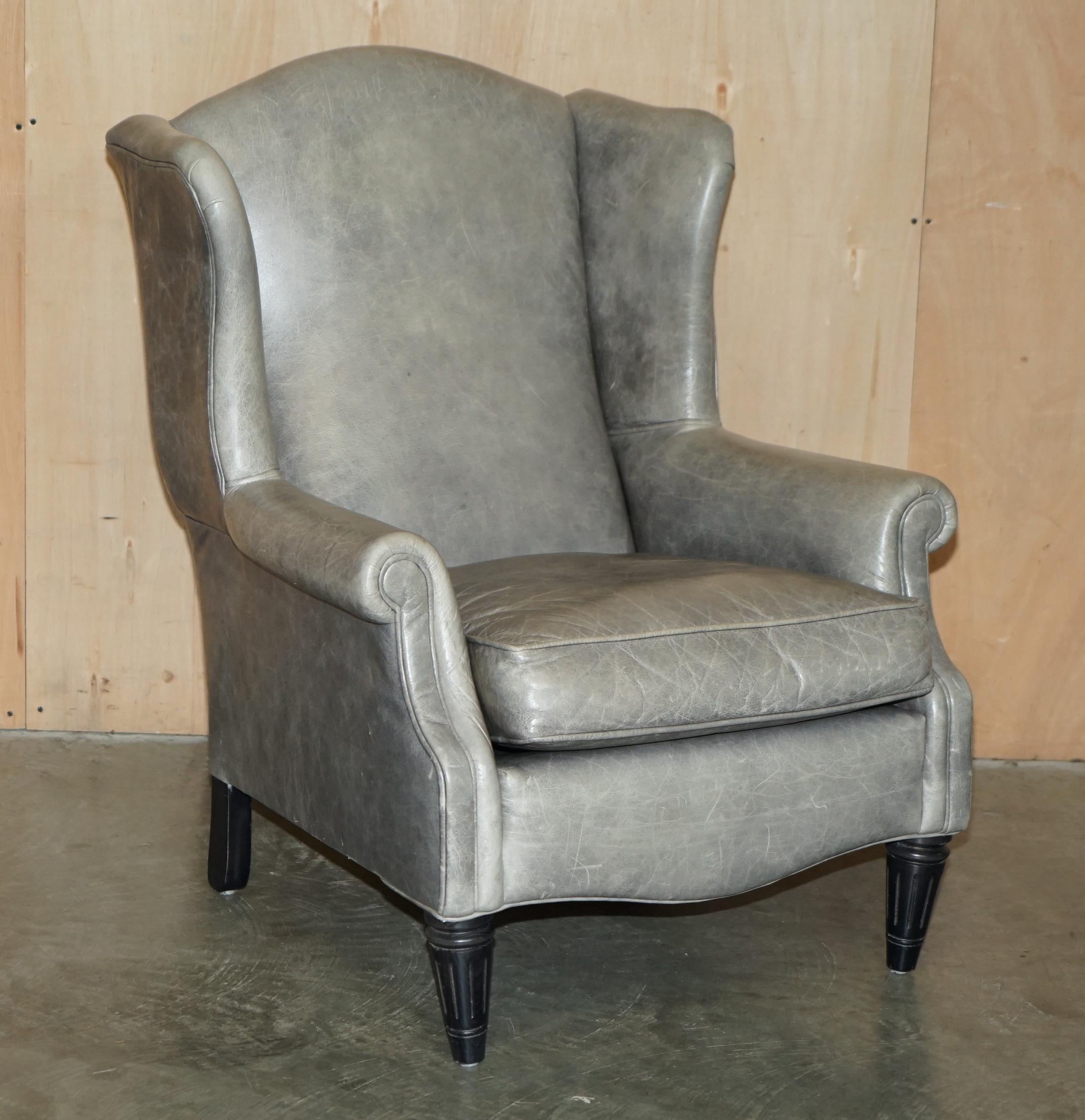 LUXURY PAIR OF CONTEMPORARY GREY BLUE LEATHER WINGBACK ARMCHAIRS EBONISED LEGs For Sale 6