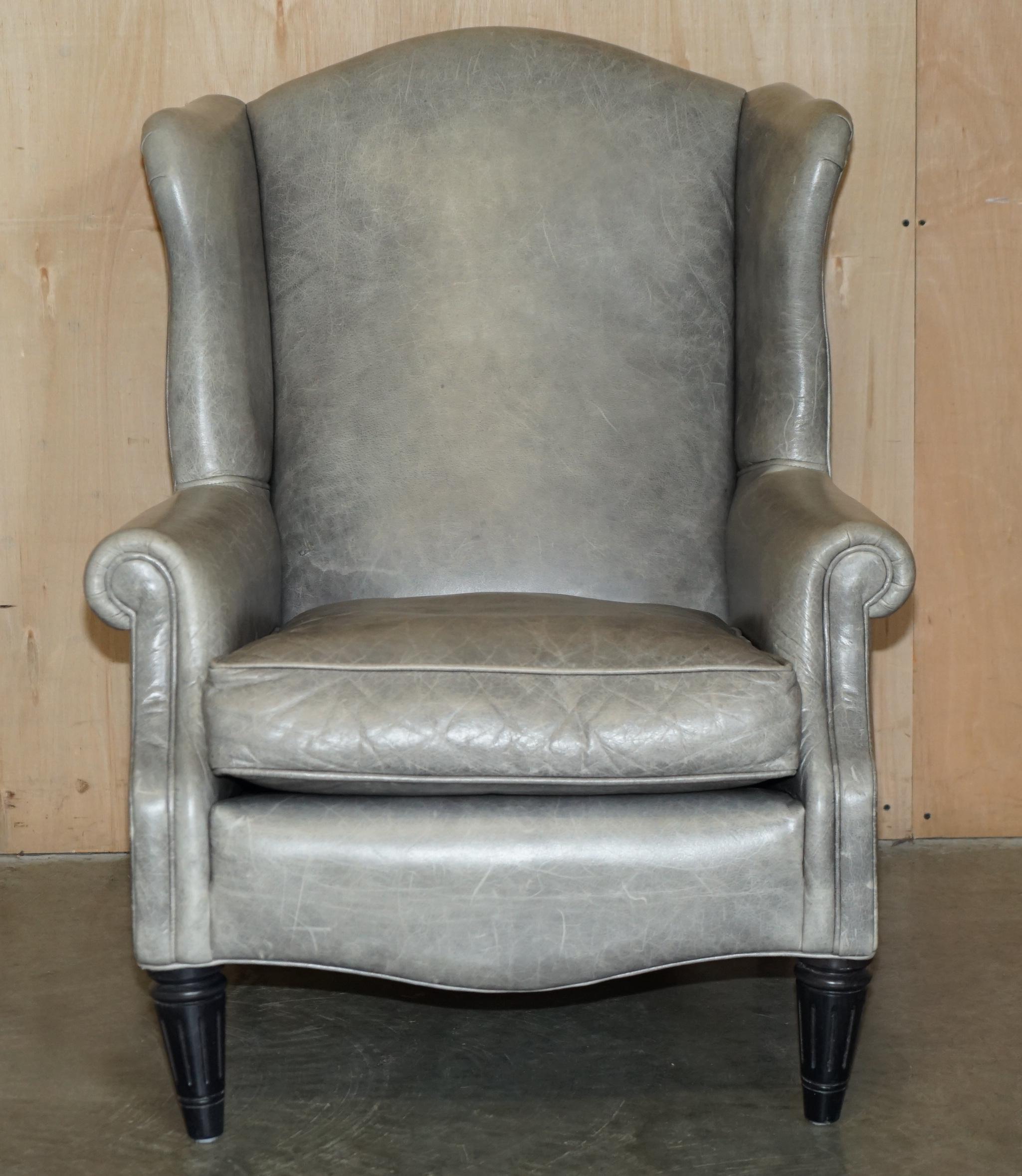 LUXURY PAIR OF CONTEMPORARY GREY BLUE LEATHER WINGBACK ARMCHAIRS EBONISED LEGs For Sale 7