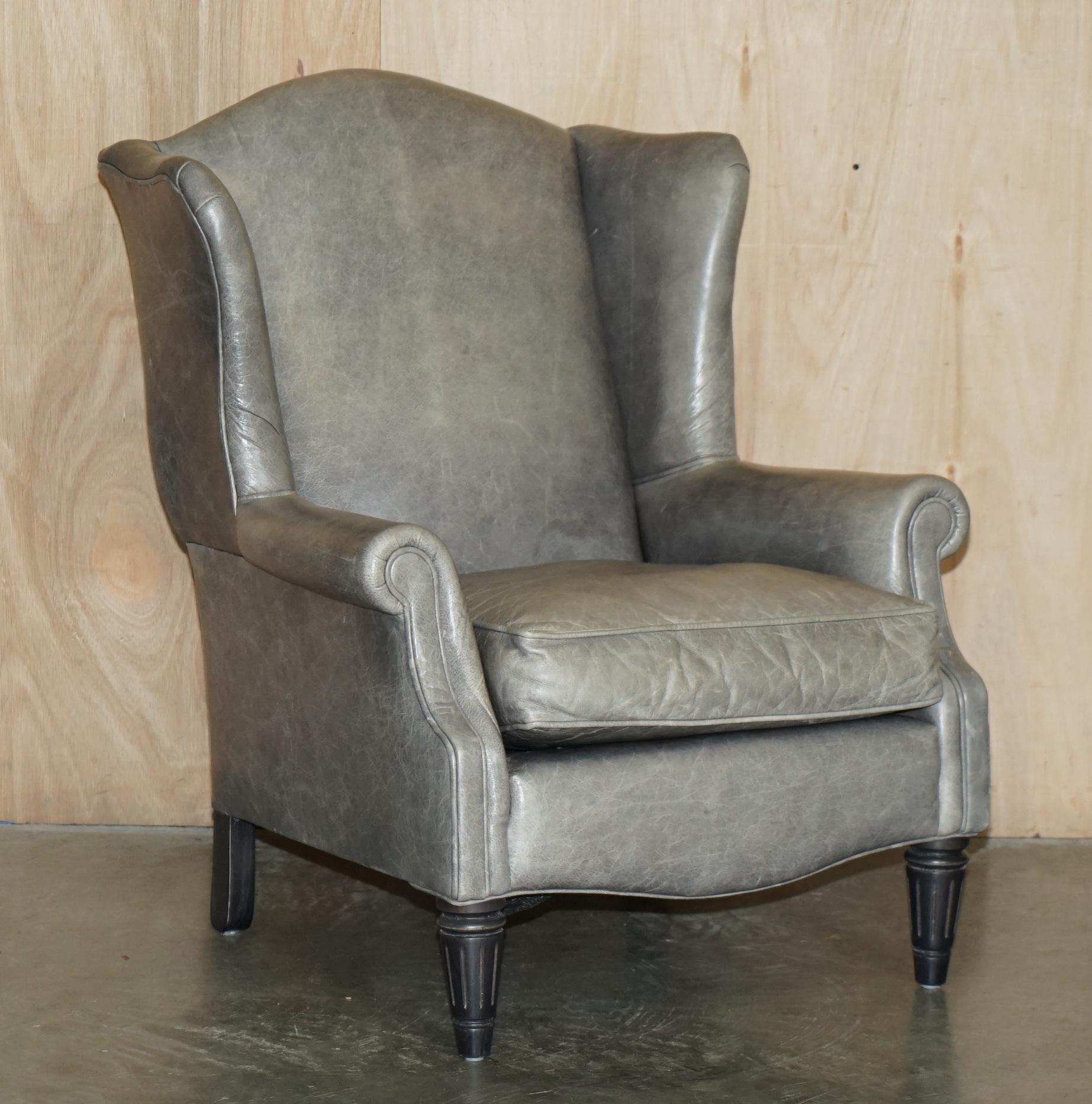 Royal House Antiques

Royal House Antiques is delighted to offer for sale this stunning pair of contemporary heritage greyish blue leather wingback armchairs with ebonised turned legs 

Please note the delivery fee listed is just a guide, it covers