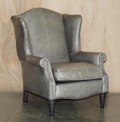 LUXURY PAIR OF CONTEMPORARY GREY BLUE LEATHER WINGBACK ARMCHAIRS EBONISED LEGs