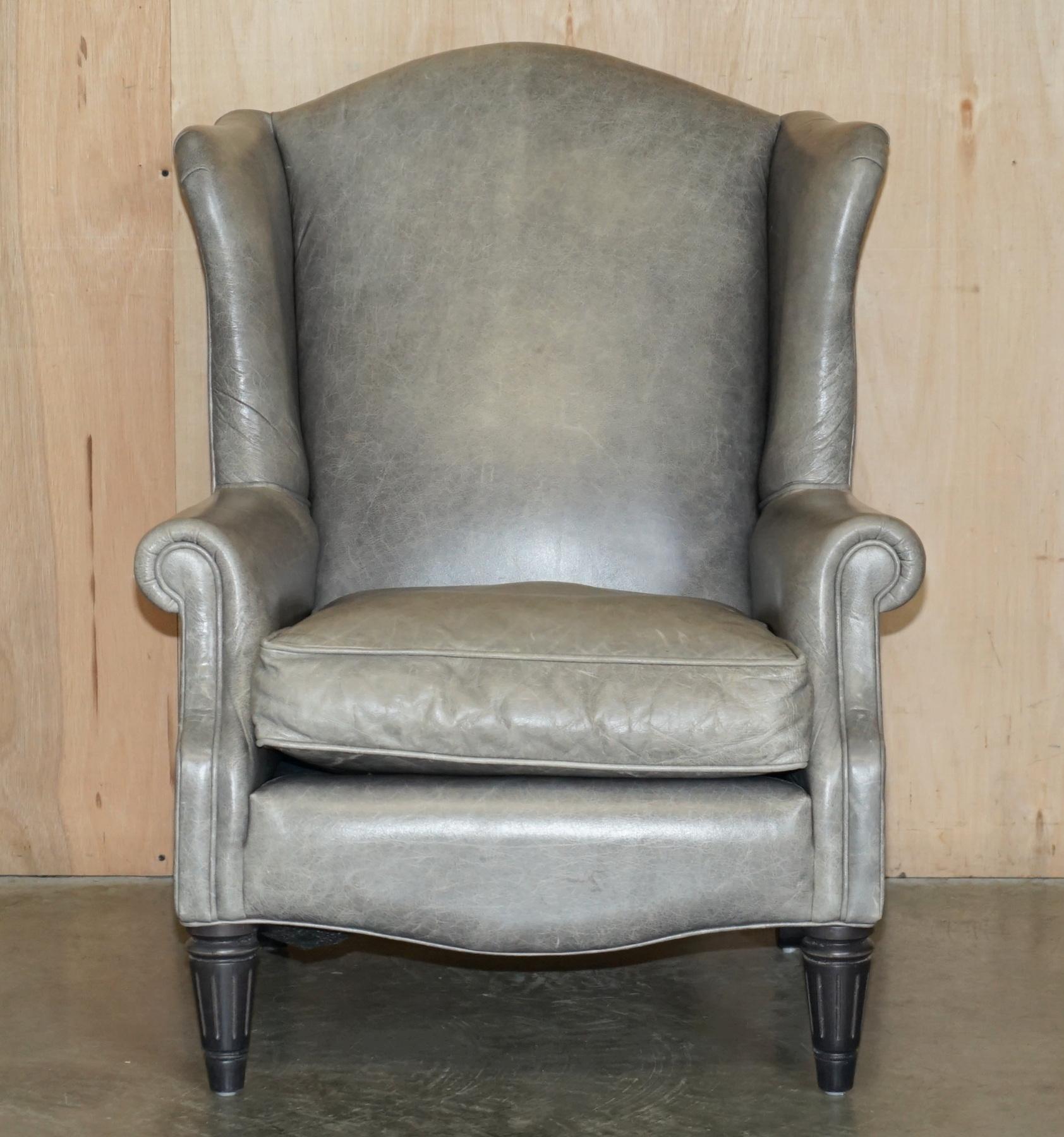 Victorian LUXURY PAIR OF CONTEMPORARY GREY BLUE LEATHER WINGBACK ARMCHAIRS EBONISED LEGs For Sale