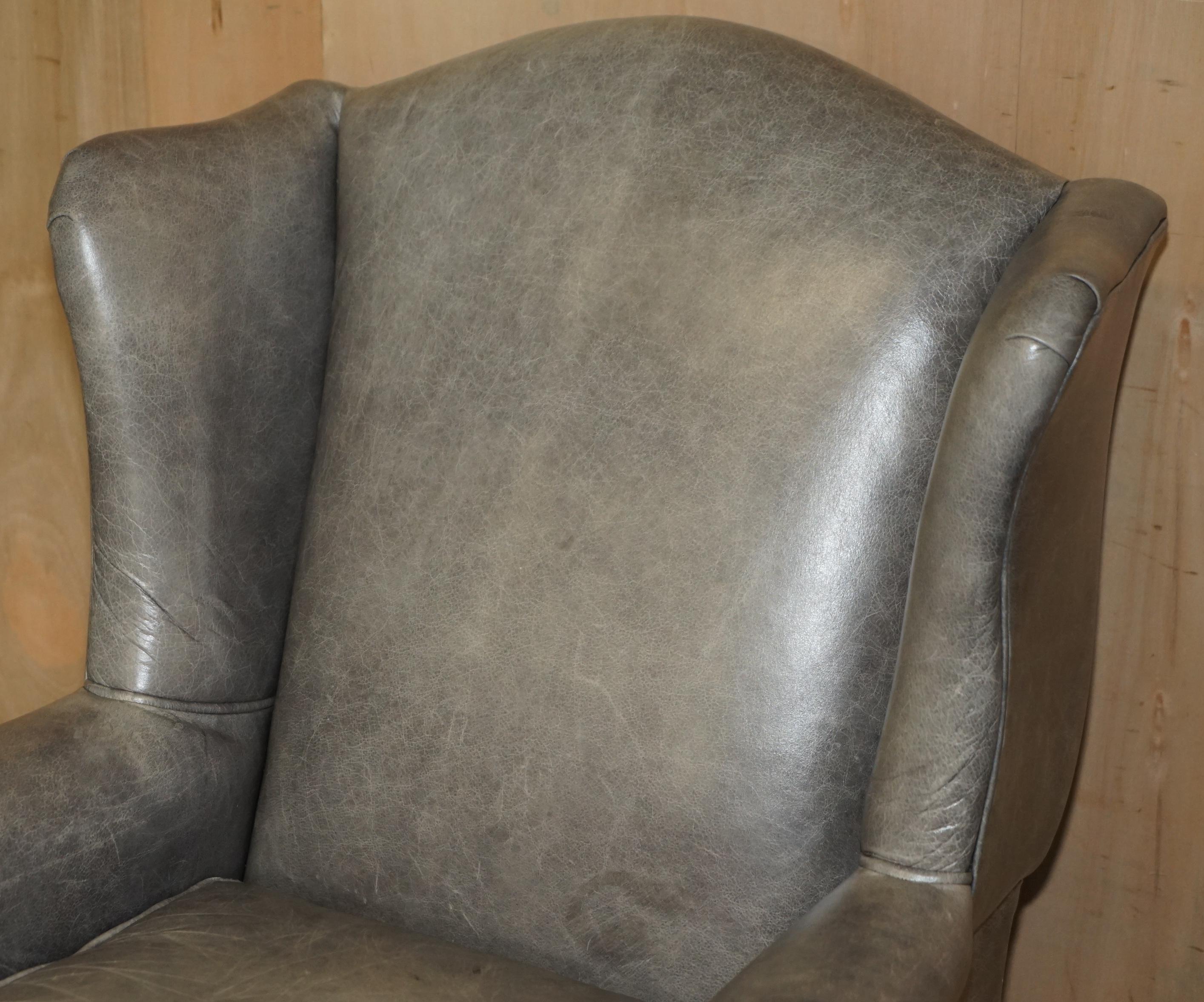 Hand-Crafted LUXURY PAIR OF CONTEMPORARY GREY BLUE LEATHER WINGBACK ARMCHAIRS EBONISED LEGs For Sale
