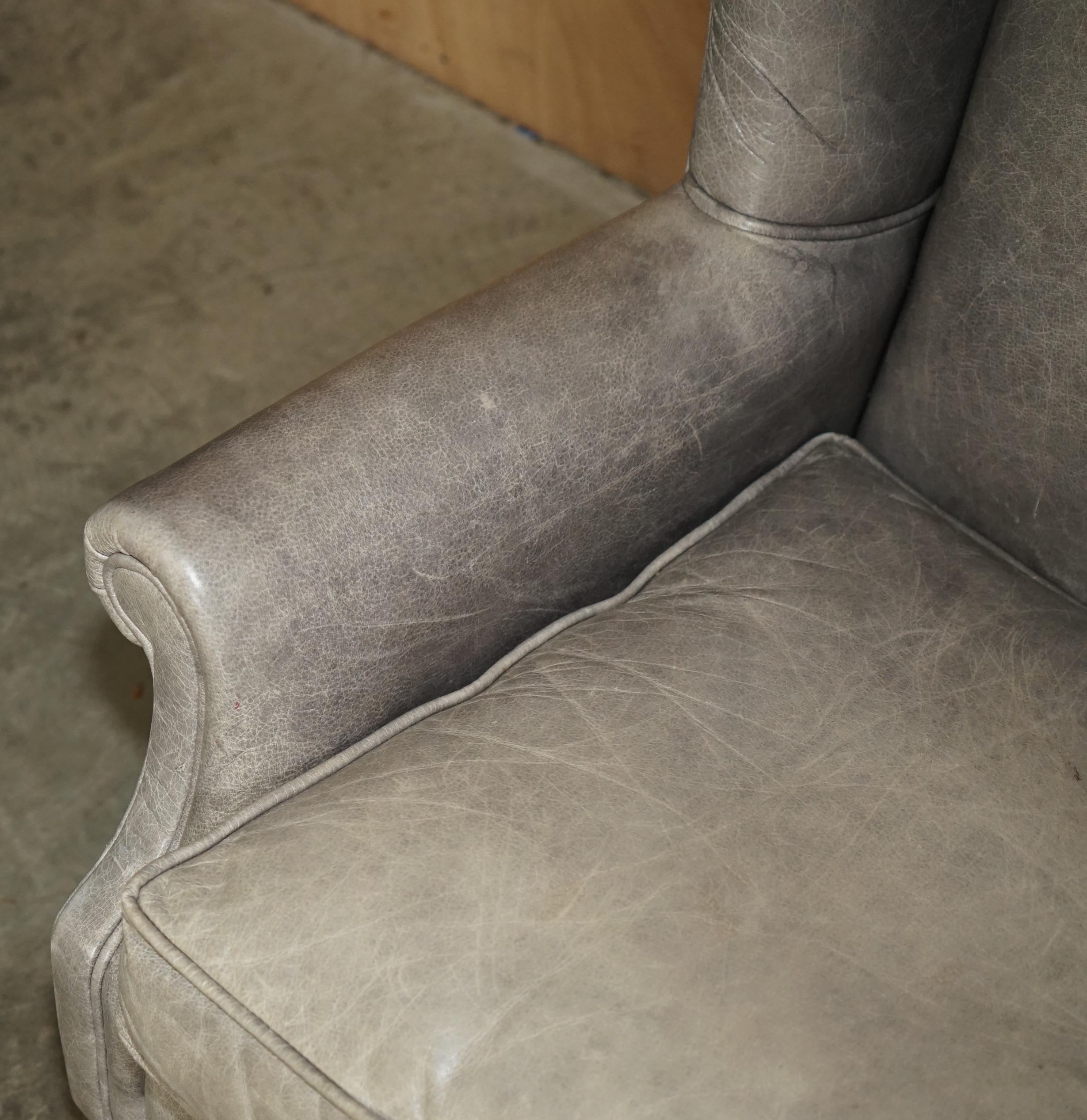 20th Century LUXURY PAIR OF CONTEMPORARY GREY BLUE LEATHER WINGBACK ARMCHAIRS EBONISED LEGs For Sale