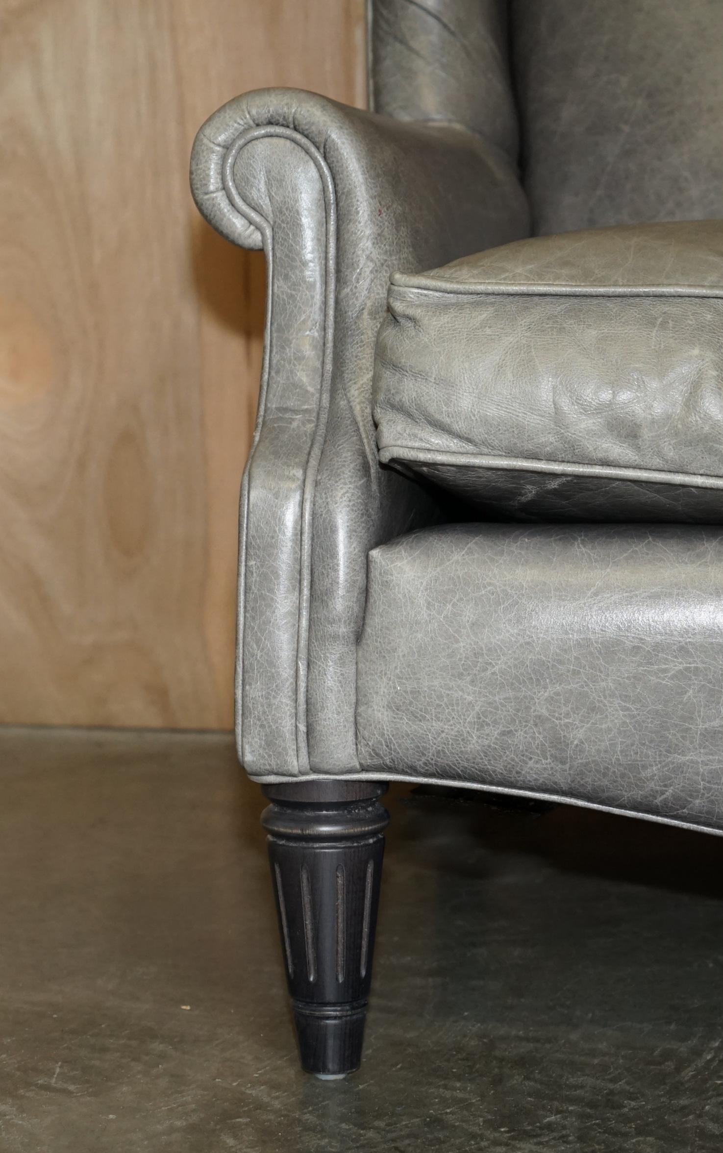 LUXURY PAIR OF CONTEMPORARY GREY BLUE LEATHER WINGBACK ARMCHAIRS EBONISED LEGs For Sale 1