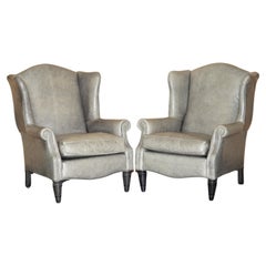 LUXURY PAIR OF CONTEMPORARY GREY BLUE LEATHER WINGBACK ARMCHAIRS EBONISED LEGs