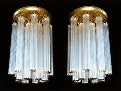 Luxury Pair of  Modernist Italian Venini Chandeliers Crystal Straw & Gilt Brass