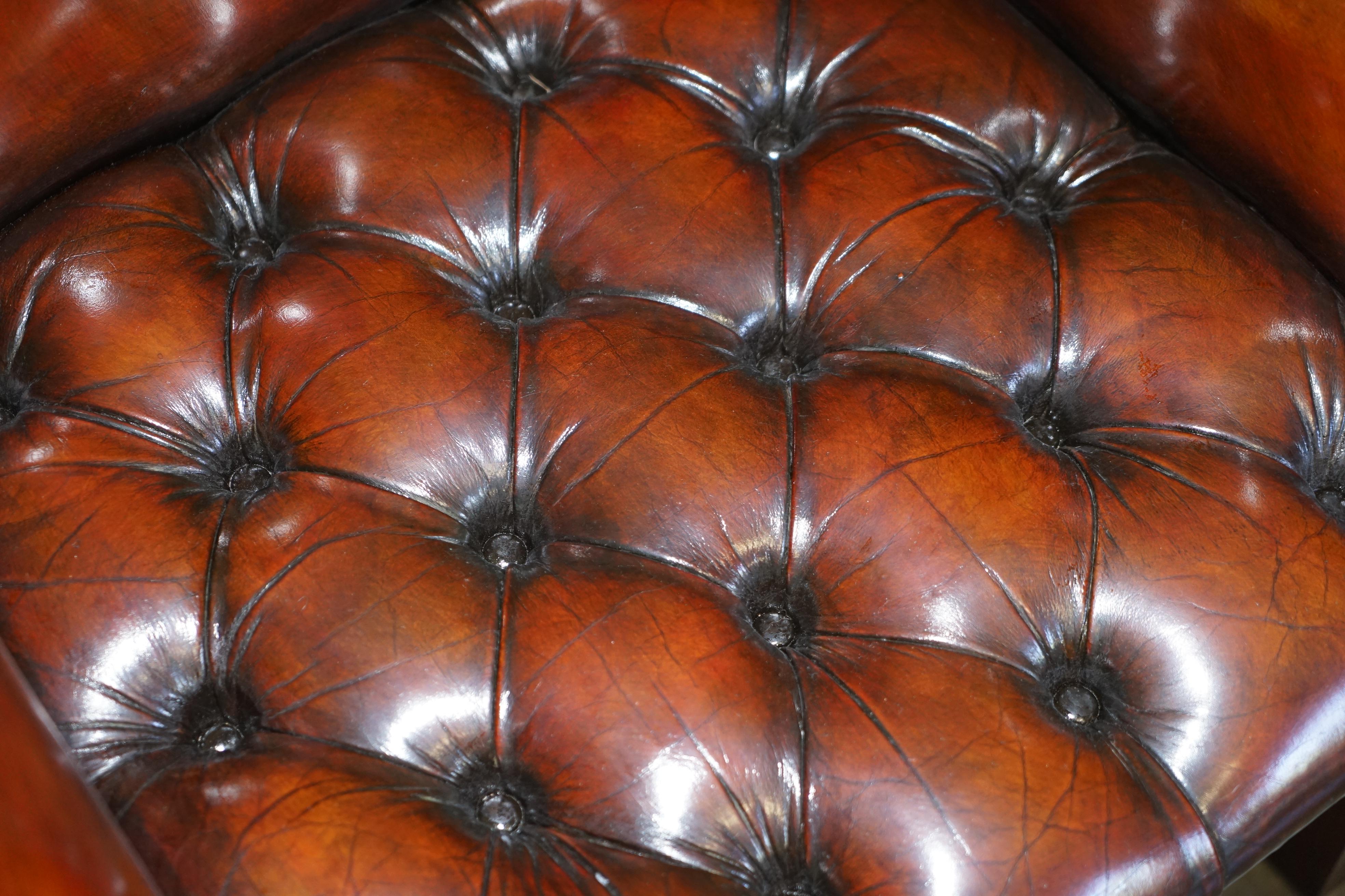 Luxury Pair of Restored Hand Dyed Brown Leather Chesterfield Wingback Armchairs For Sale 7