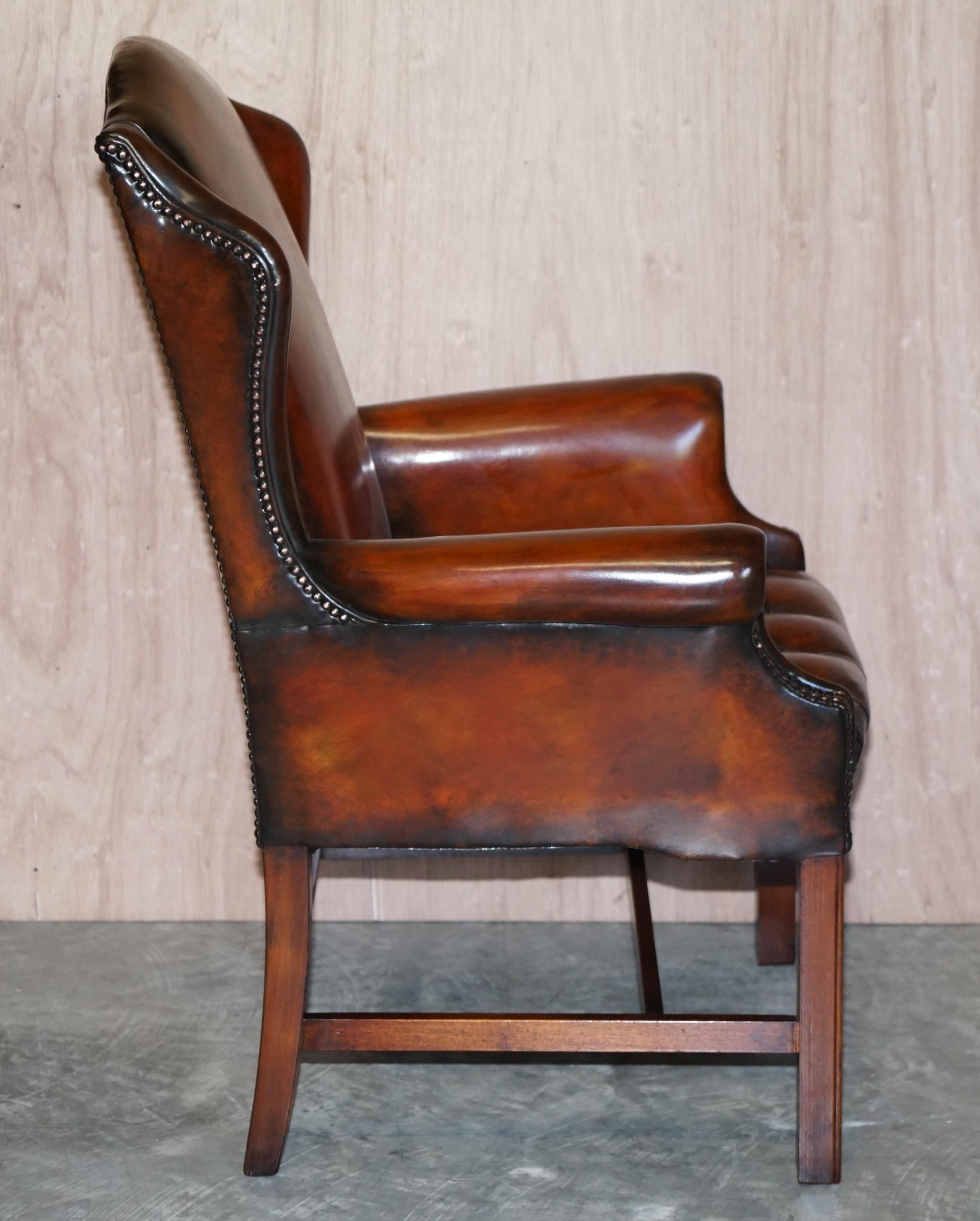 Luxury Pair of Restored Hand Dyed Brown Leather Chesterfield Wingback Armchairs For Sale 8