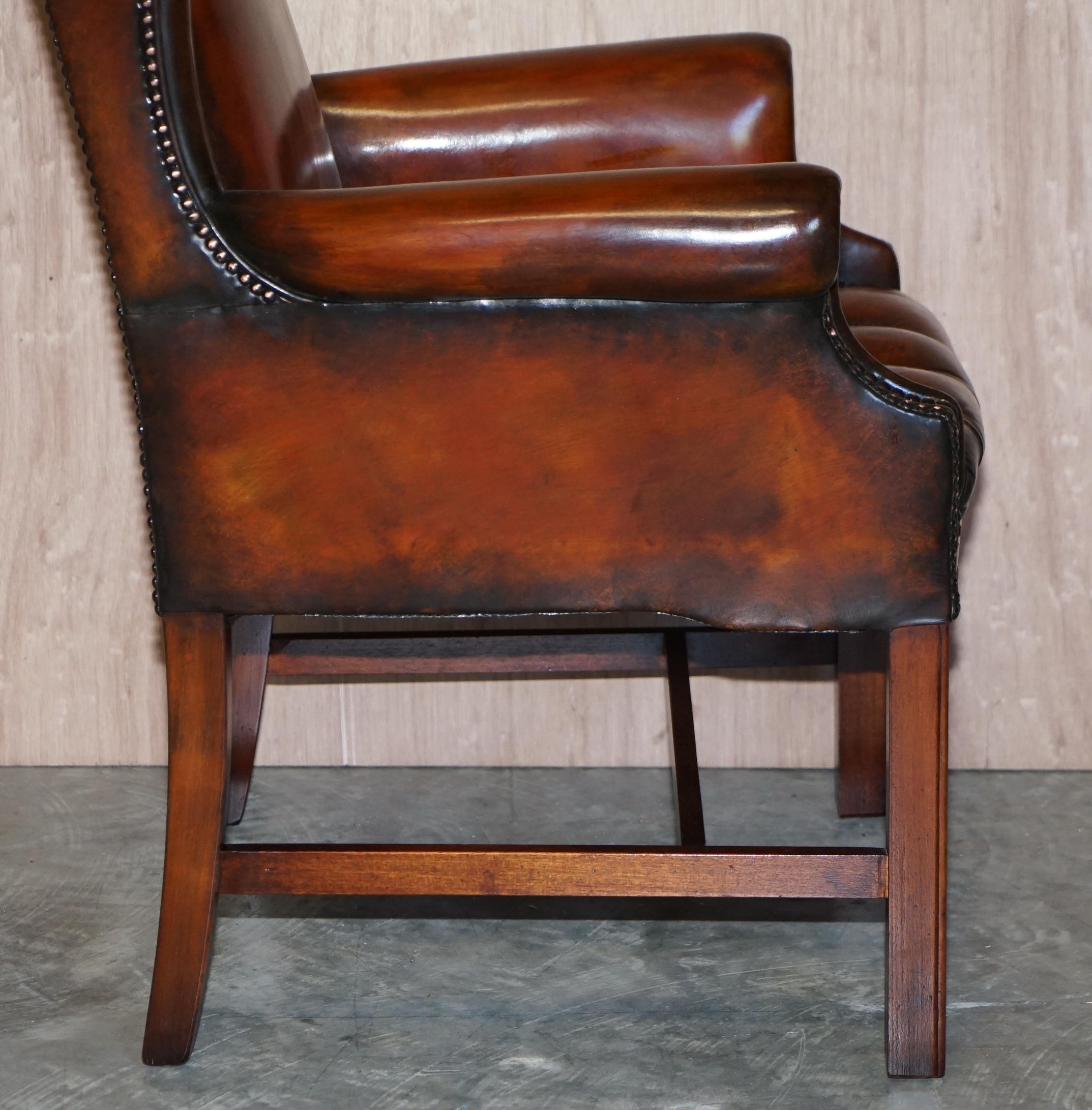 Luxury Pair of Restored Hand Dyed Brown Leather Chesterfield Wingback Armchairs For Sale 9