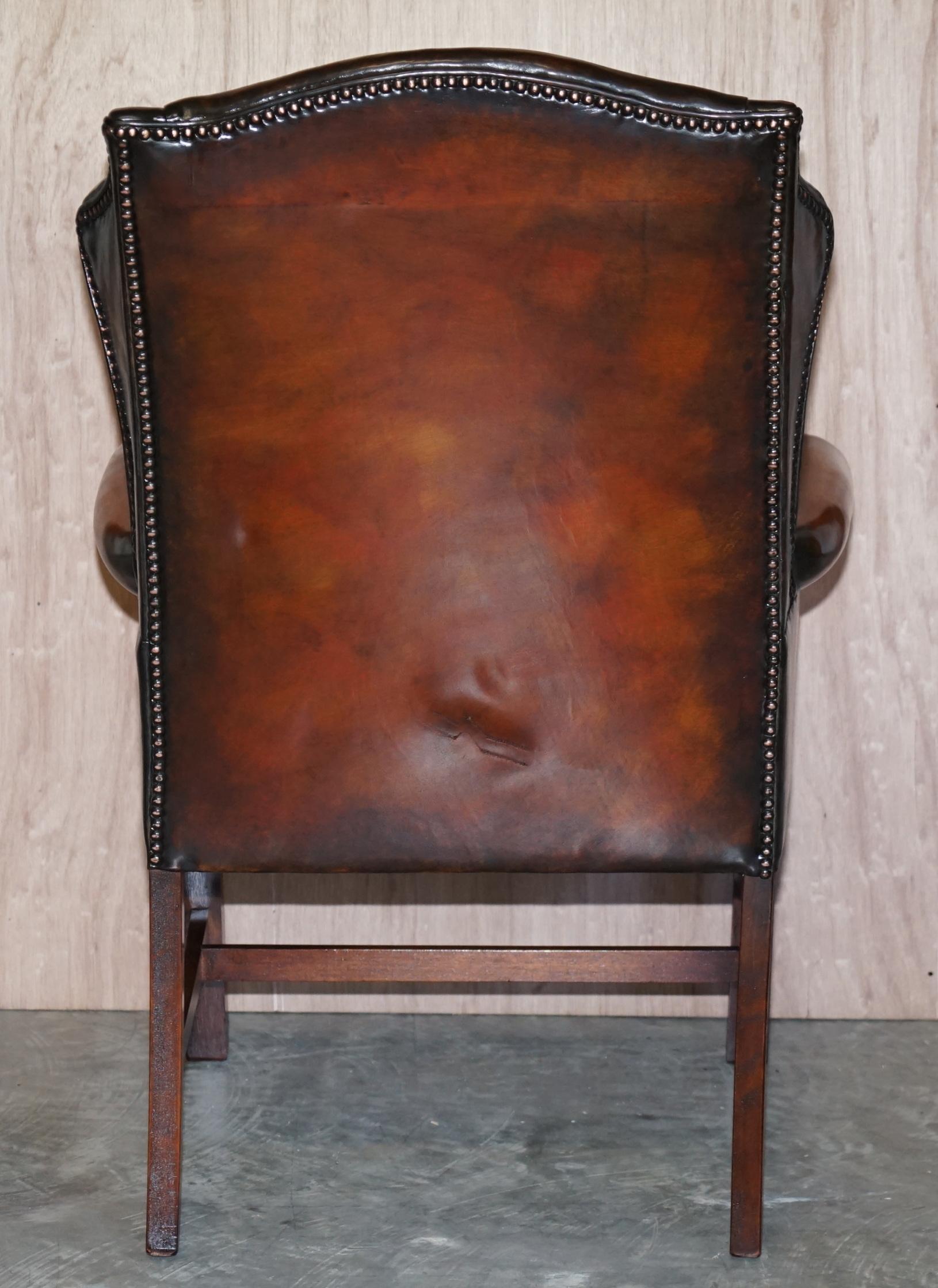 Luxury Pair of Restored Hand Dyed Brown Leather Chesterfield Wingback Armchairs For Sale 11