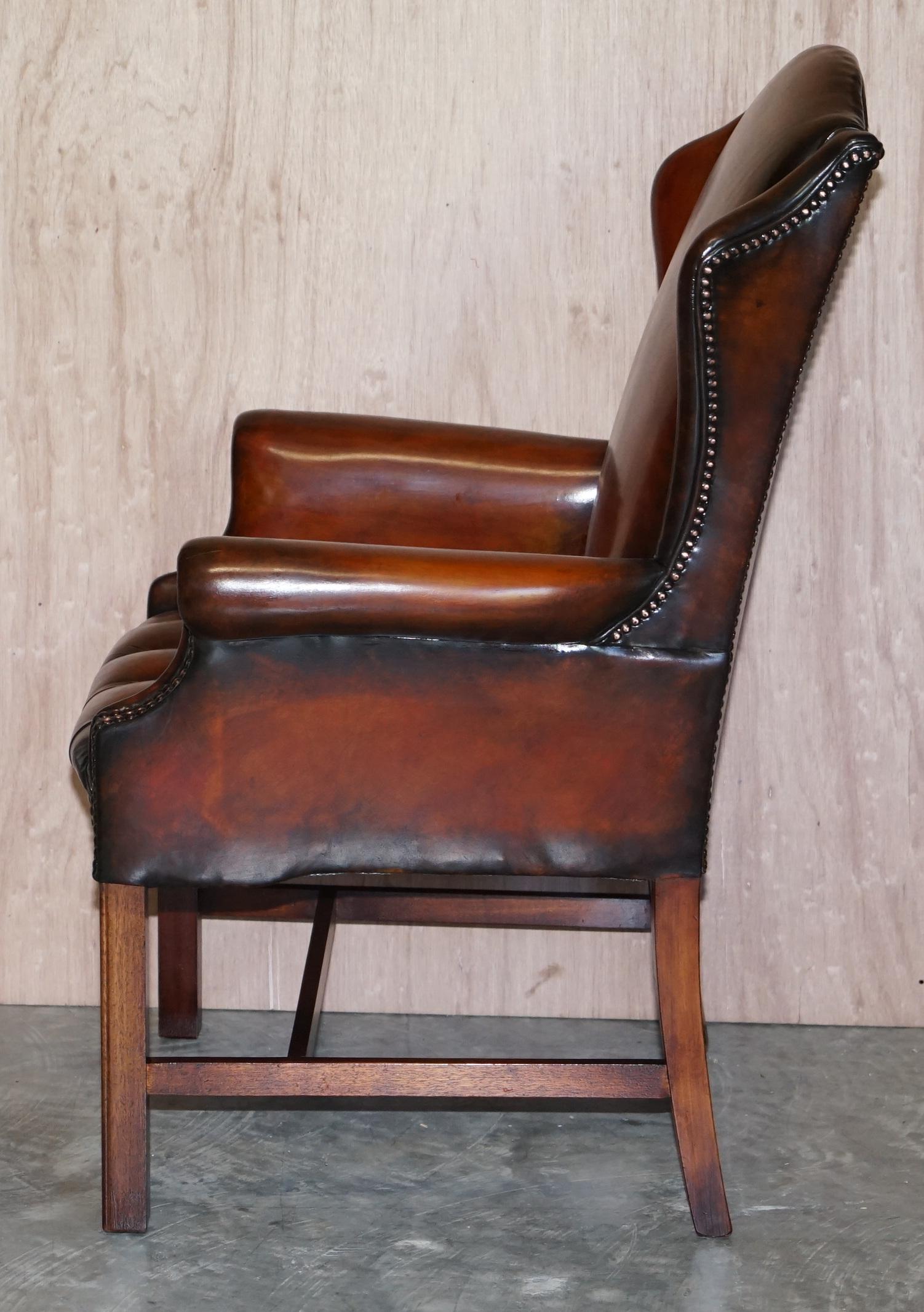 Luxury Pair of Restored Hand Dyed Brown Leather Chesterfield Wingback Armchairs For Sale 13