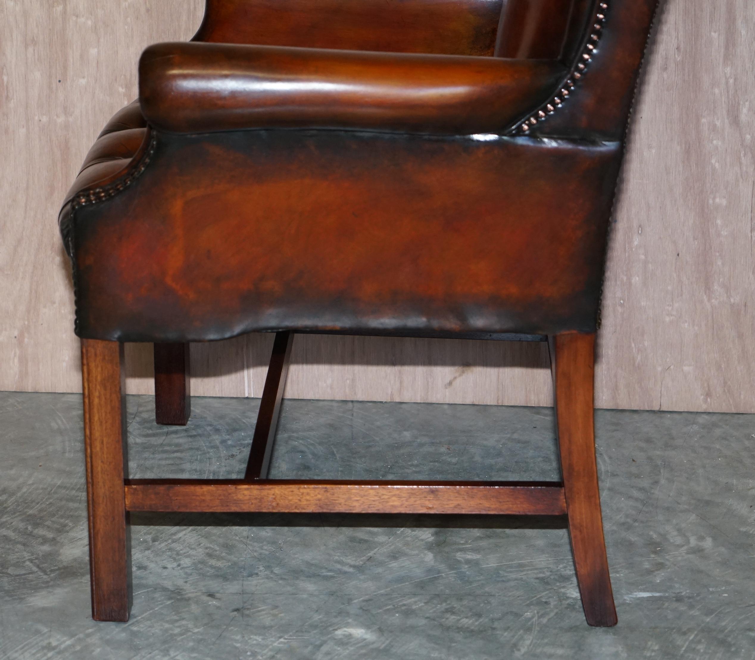 Luxury Pair of Restored Hand Dyed Brown Leather Chesterfield Wingback Armchairs For Sale 14