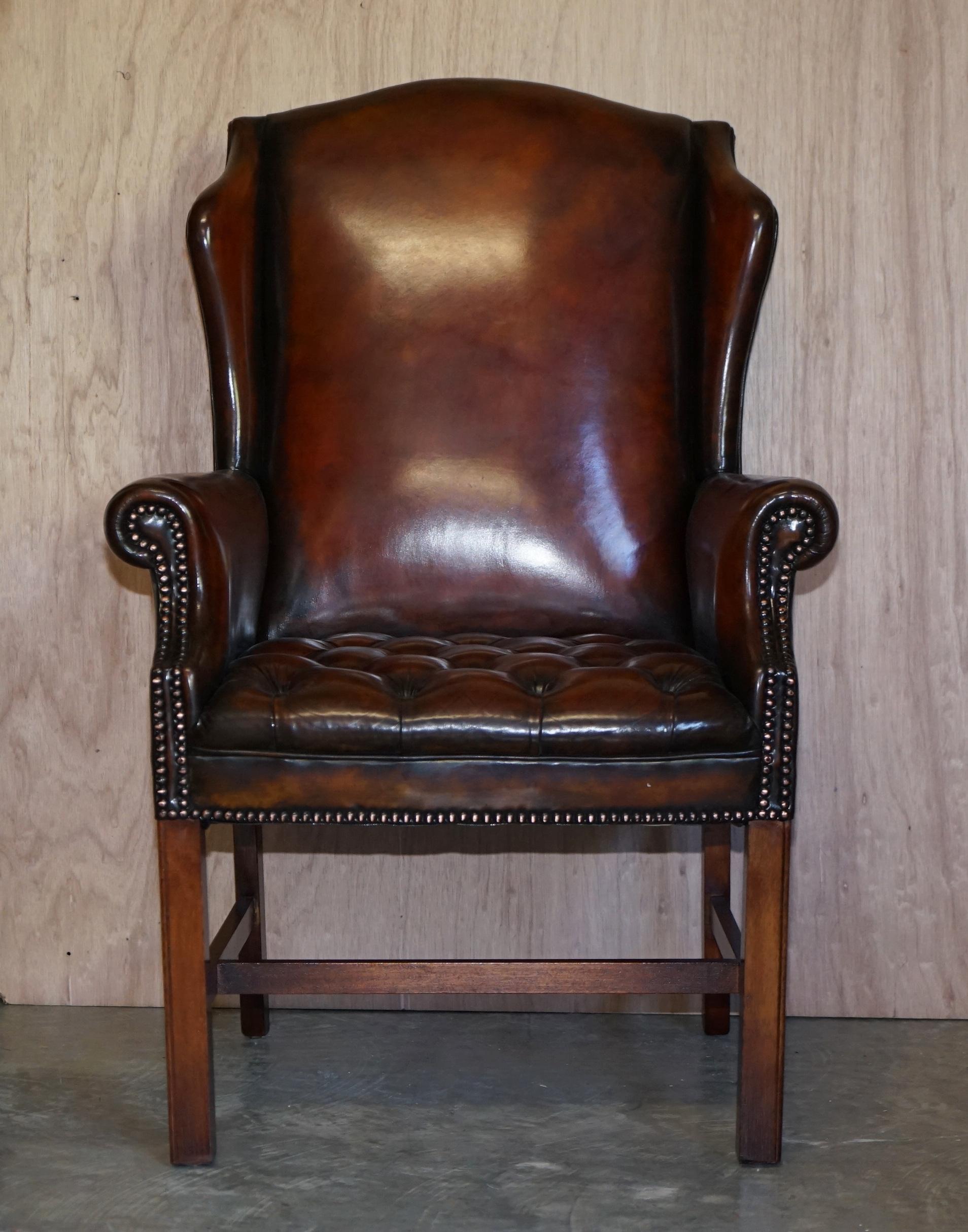 Victorian Luxury Pair of Restored Hand Dyed Brown Leather Chesterfield Wingback Armchairs For Sale