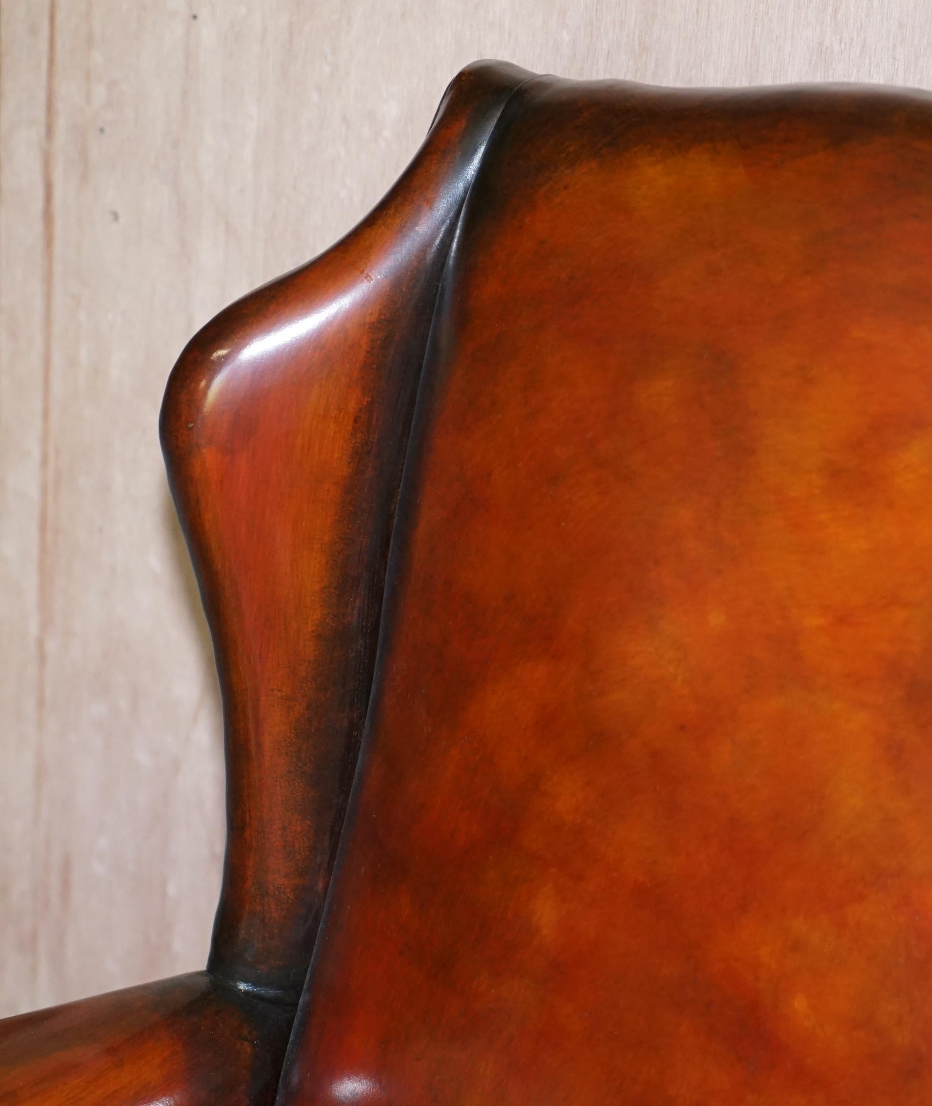 Hand-Crafted Luxury Pair of Restored Hand Dyed Brown Leather Chesterfield Wingback Armchairs For Sale